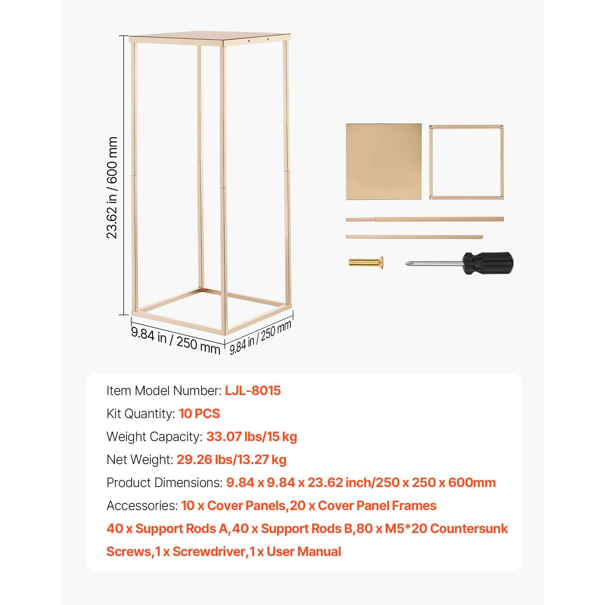 Wedding Flower Stand, 10PCS 60cm Column Flower Stand, Floral Stands with Metal Laminate, Gold Rectangular Floral Display Rack for Wedding, Party, Birthday, Home,  Gold Centerpiece Stands
