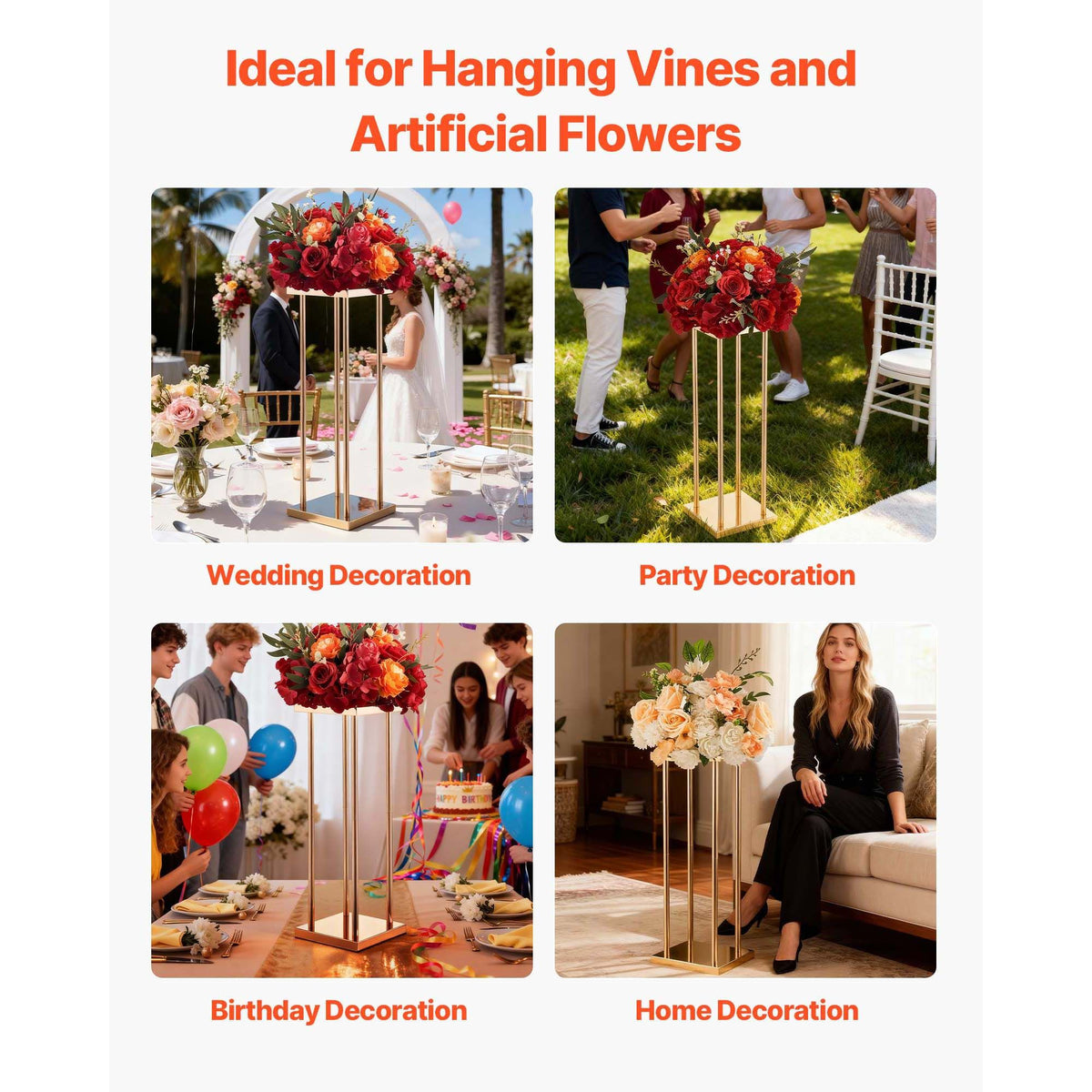 Wedding Flower Stand, 10PCS 60cm Column Flower Stand, Floral Stands with Metal Laminate, Cylindrical Cubic Floral Display Rack for Wedding, Party, Birthday, Home, Gold Centerpiece Stands