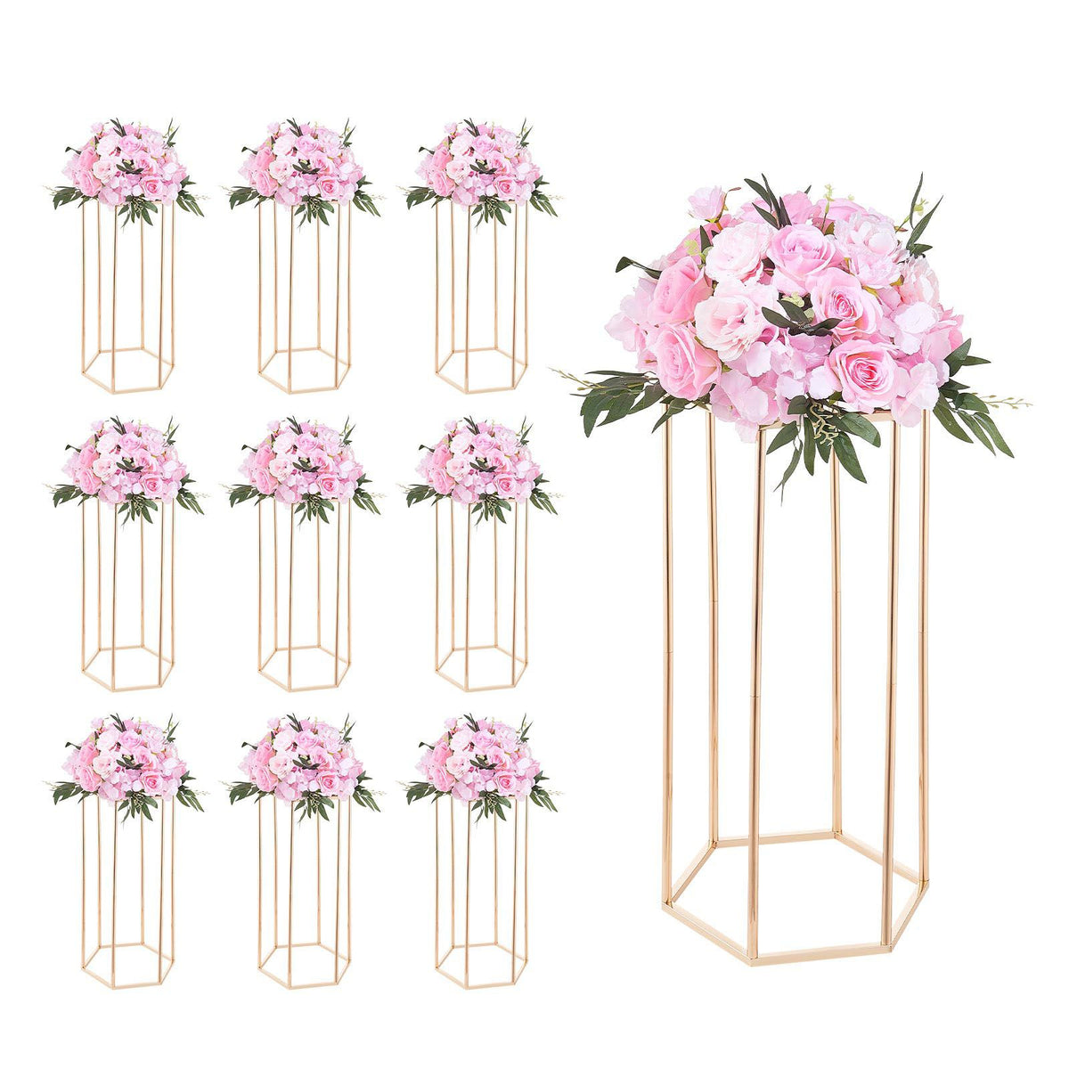 Wedding Flower Stand, 10PCS 60cm Column Flower Stand, Floral Stands with Acrylic Laminate, Hexagonal Cubic Floral Display Rack for Wedding, Party, Birthday, Home, Gold Centerpiece Stands