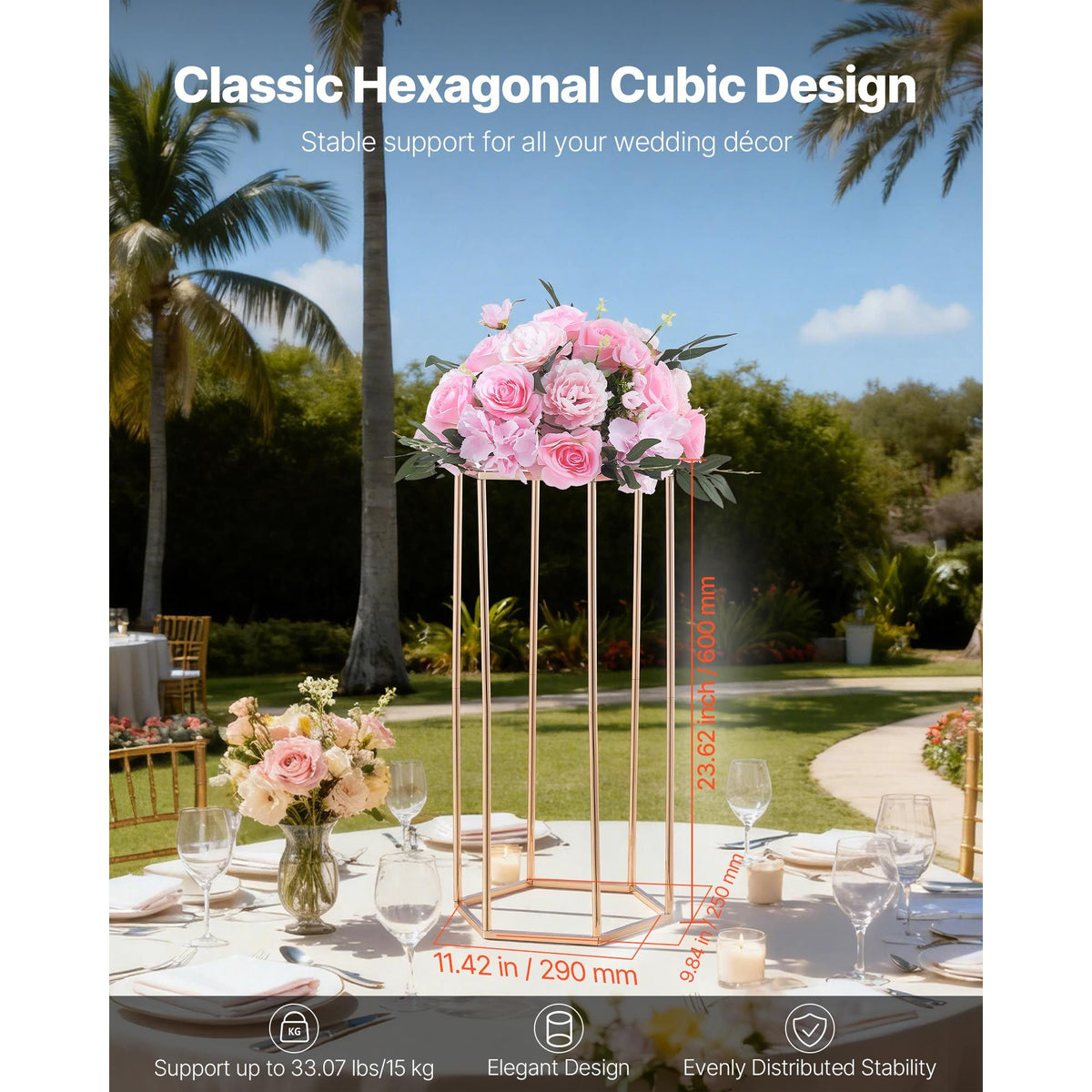 Wedding Flower Stand, 10PCS 60cm Column Flower Stand, Floral Stands with Acrylic Laminate, Hexagonal Cubic Floral Display Rack for Wedding, Party, Birthday, Home, Gold Centerpiece Stands