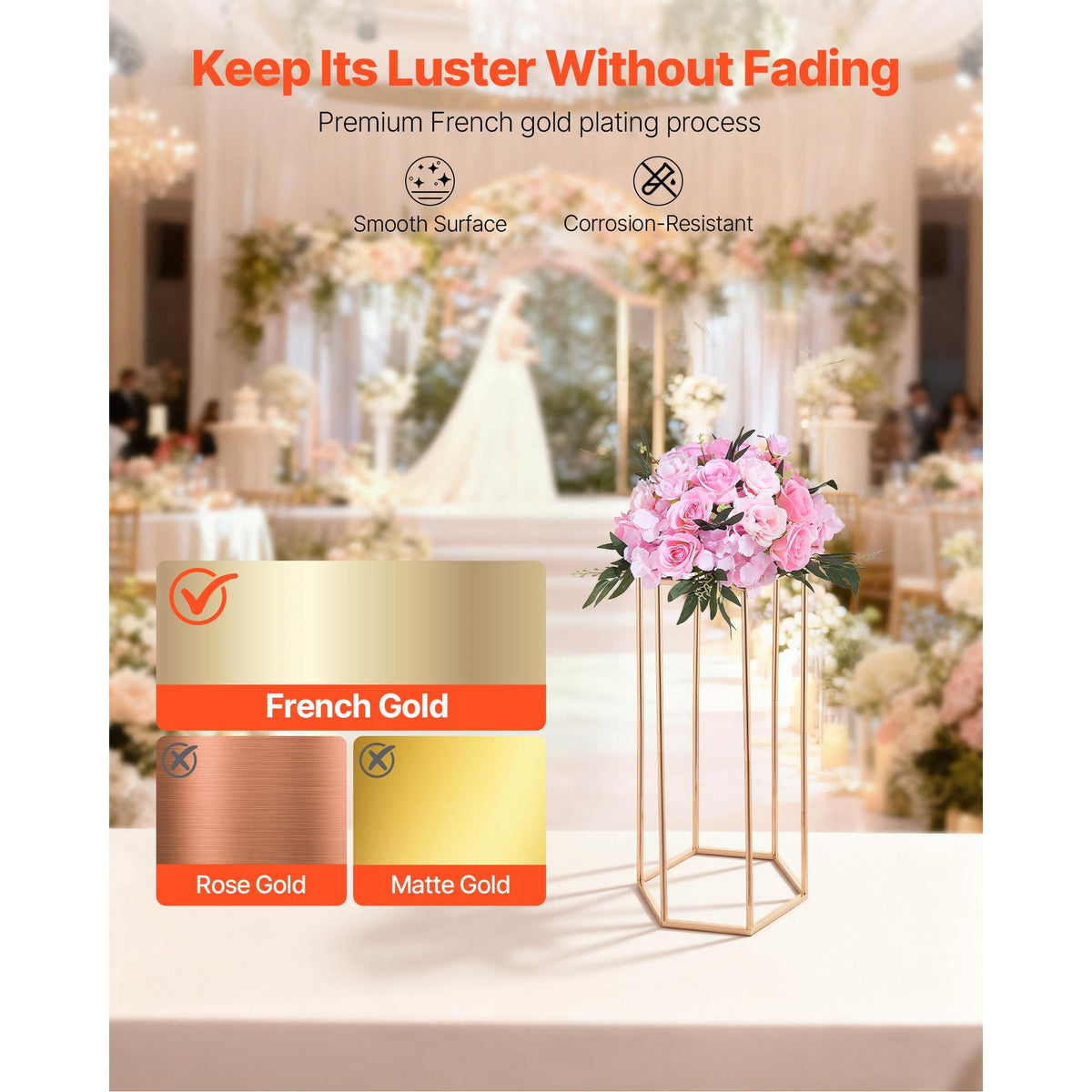 Wedding Flower Stand, 10PCS 60cm Column Flower Stand, Floral Stands with Acrylic Laminate, Hexagonal Cubic Floral Display Rack for Wedding, Party, Birthday, Home, Gold Centerpiece Stands
