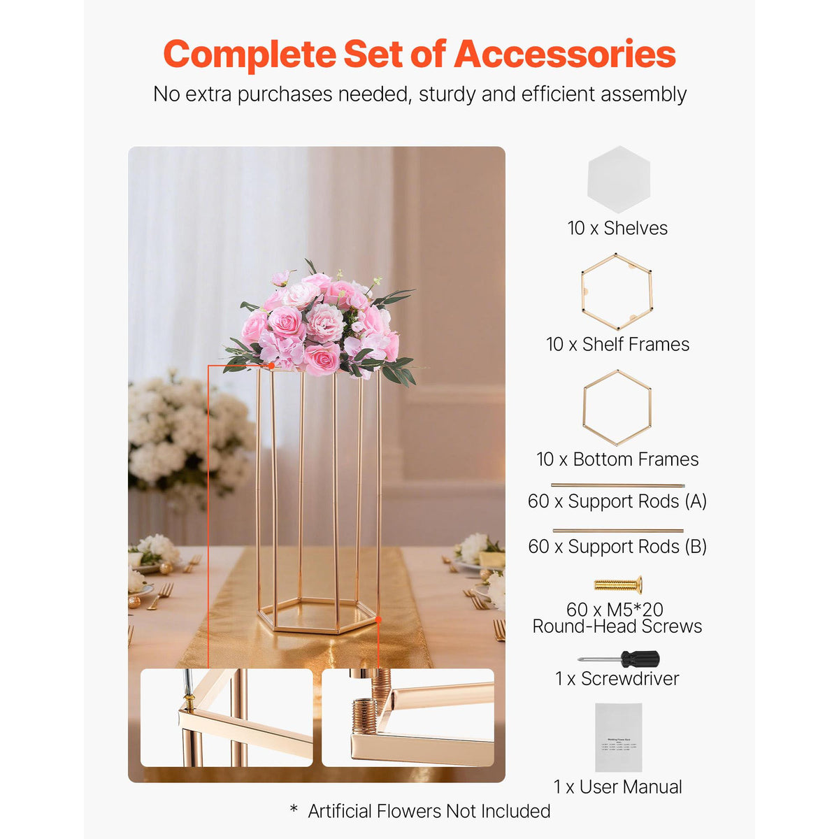 Wedding Flower Stand, 10PCS 60cm Column Flower Stand, Floral Stands with Acrylic Laminate, Hexagonal Cubic Floral Display Rack for Wedding, Party, Birthday, Home, Gold Centerpiece Stands