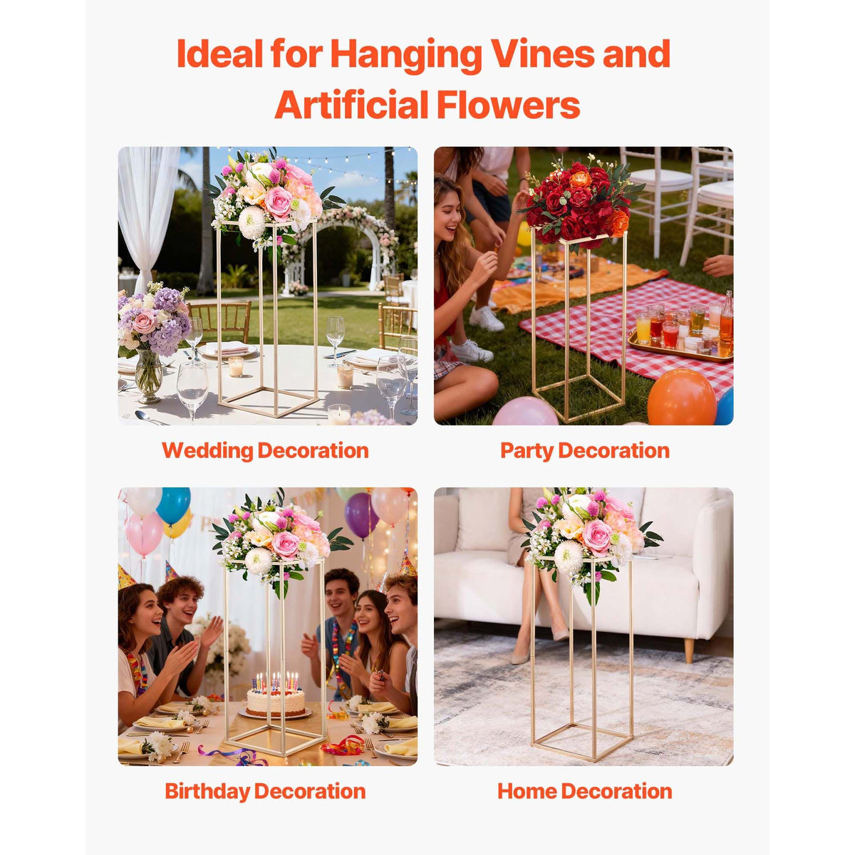Wedding Flower Stand, 10PCS 80cm Column Flower Stand, Floral Stands with Hidden Screw, Rectangular Cubic Floral Display Rack for Wedding, Party, Birthday, Home, Gold Centerpiece Stands