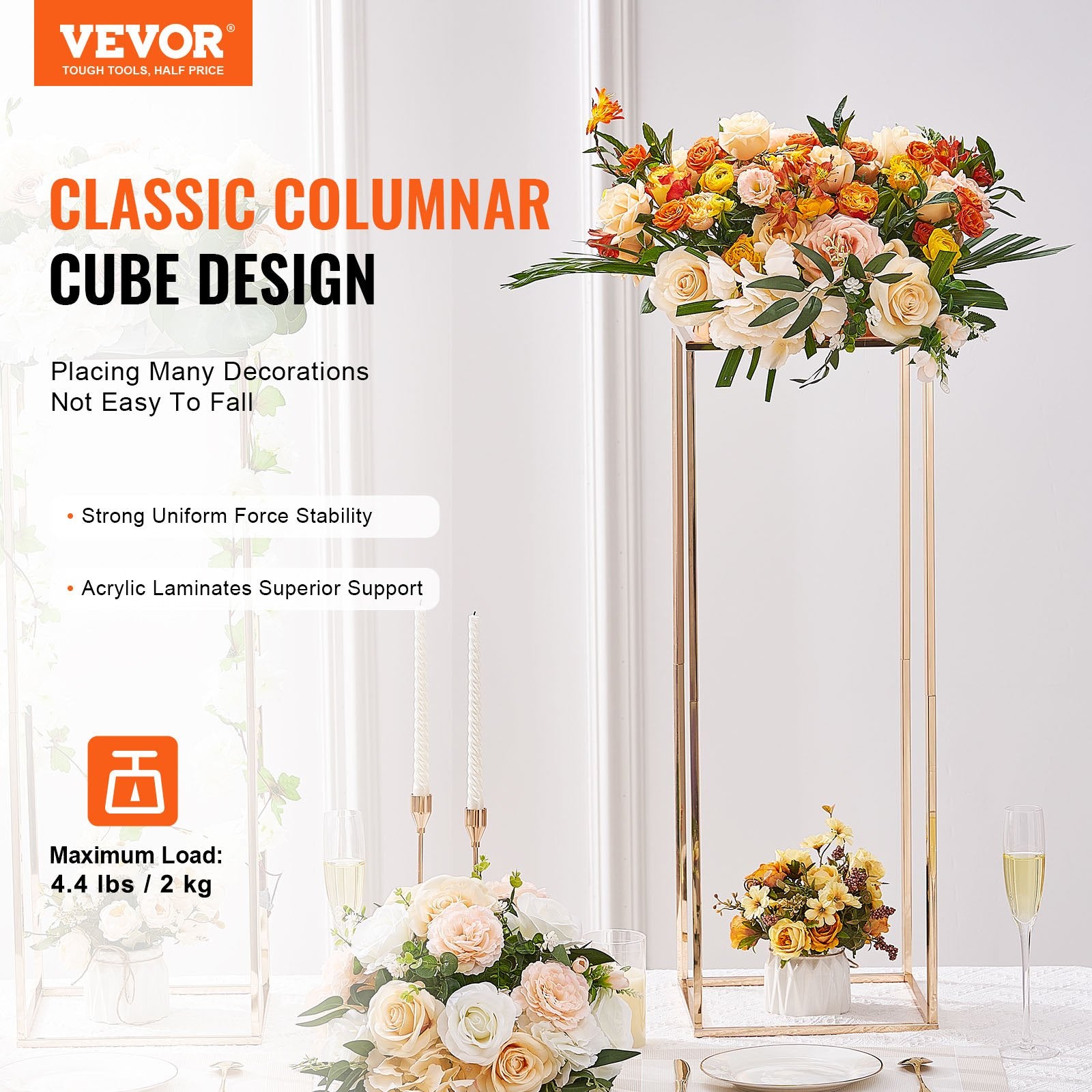 Calendars, Organisers & Planners: VEVOR 2PCS 31.5inch/80cm High Wedding Flower Stand, With Acrylic Laminate,Metal Vase Column Geometric Centerpiece Stands, Gold Rectangular Floral Display Rack for Events Reception, Party Decoration