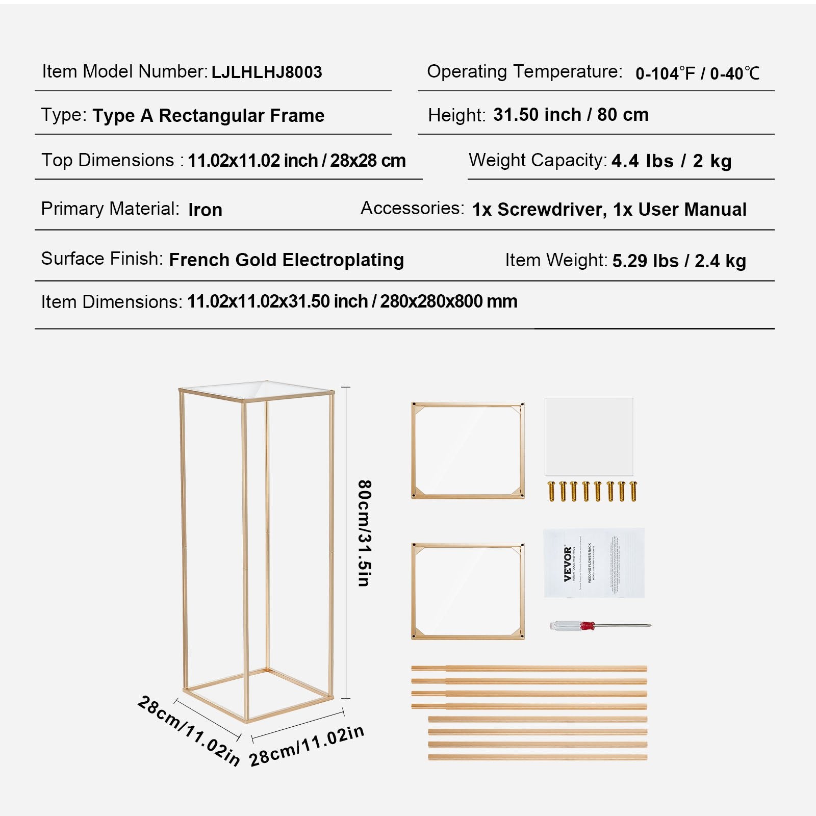 Calendars, Organisers & Planners: VEVOR 2PCS 31.5inch/80cm High Wedding Flower Stand, With Acrylic Laminate,Metal Vase Column Geometric Centerpiece Stands, Gold Rectangular Floral Display Rack for Events Reception, Party Decoration