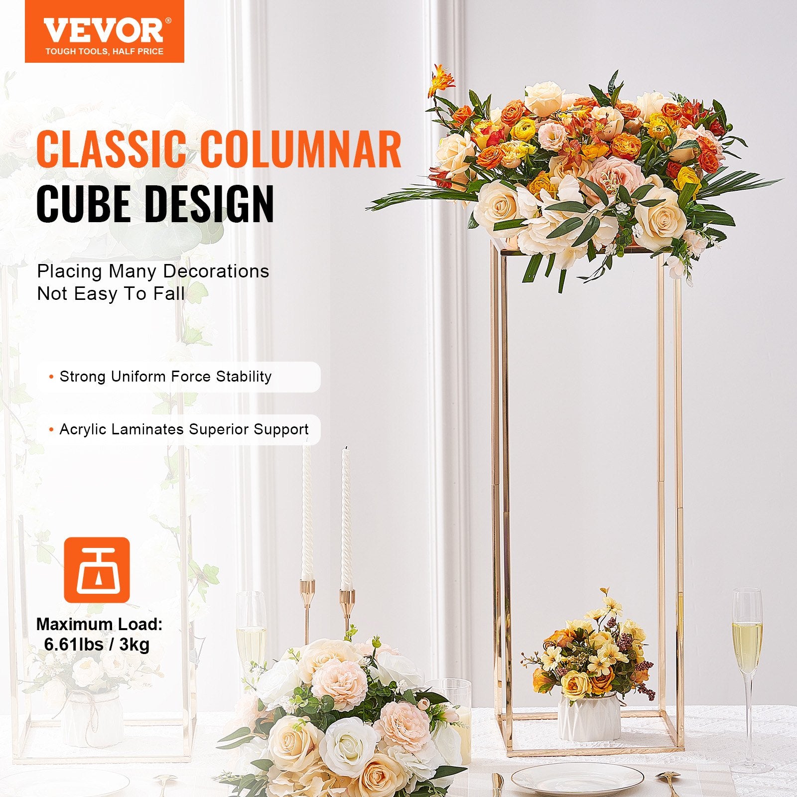 10PCS 31.5inch/80cm High Wedding Flower Stand, With Acrylic Laminate,Metal Vase Column Geometric Centerpiece Stands, Gold Rectangular Floral Display Rack for Events Reception, Party Decoration