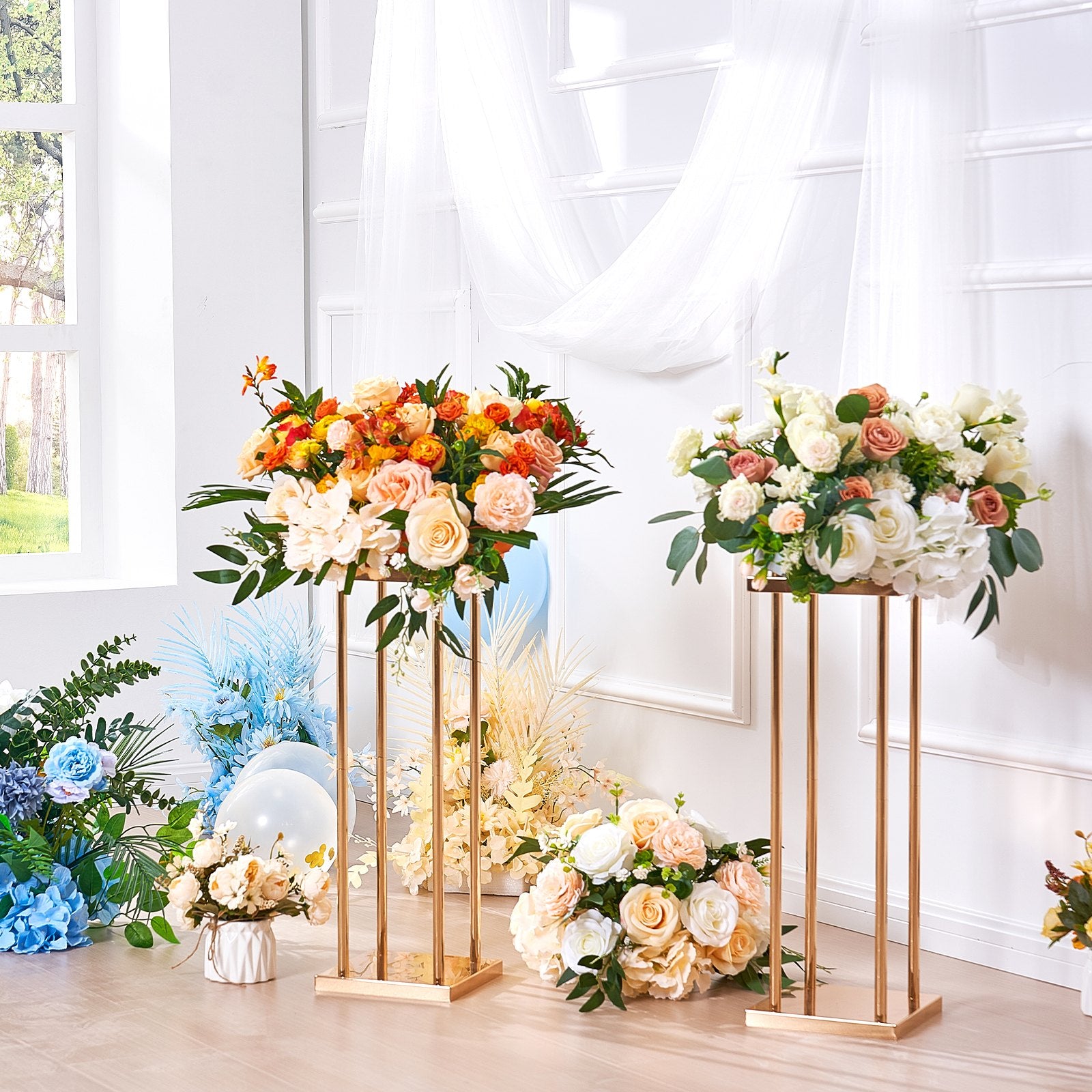 4PCS Gold Metal Column Wedding Flower Stand, 23.6inch /60cm High With Metal Laminate, Vase Geometric Centerpiece Stands, Cylindrical Floral Display Rack for Events Reception, Party Road Leads