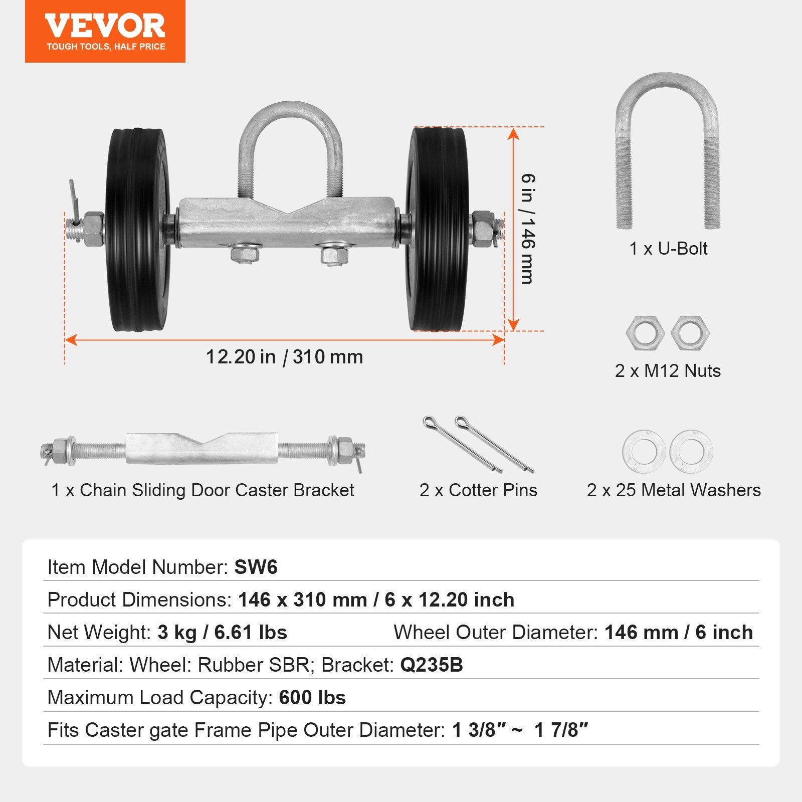 Fence & Gate Accessories: VEVOR Sliding Gate Kit 6” Heavy Duty Rolling Hardware for Door 600 lbs Load