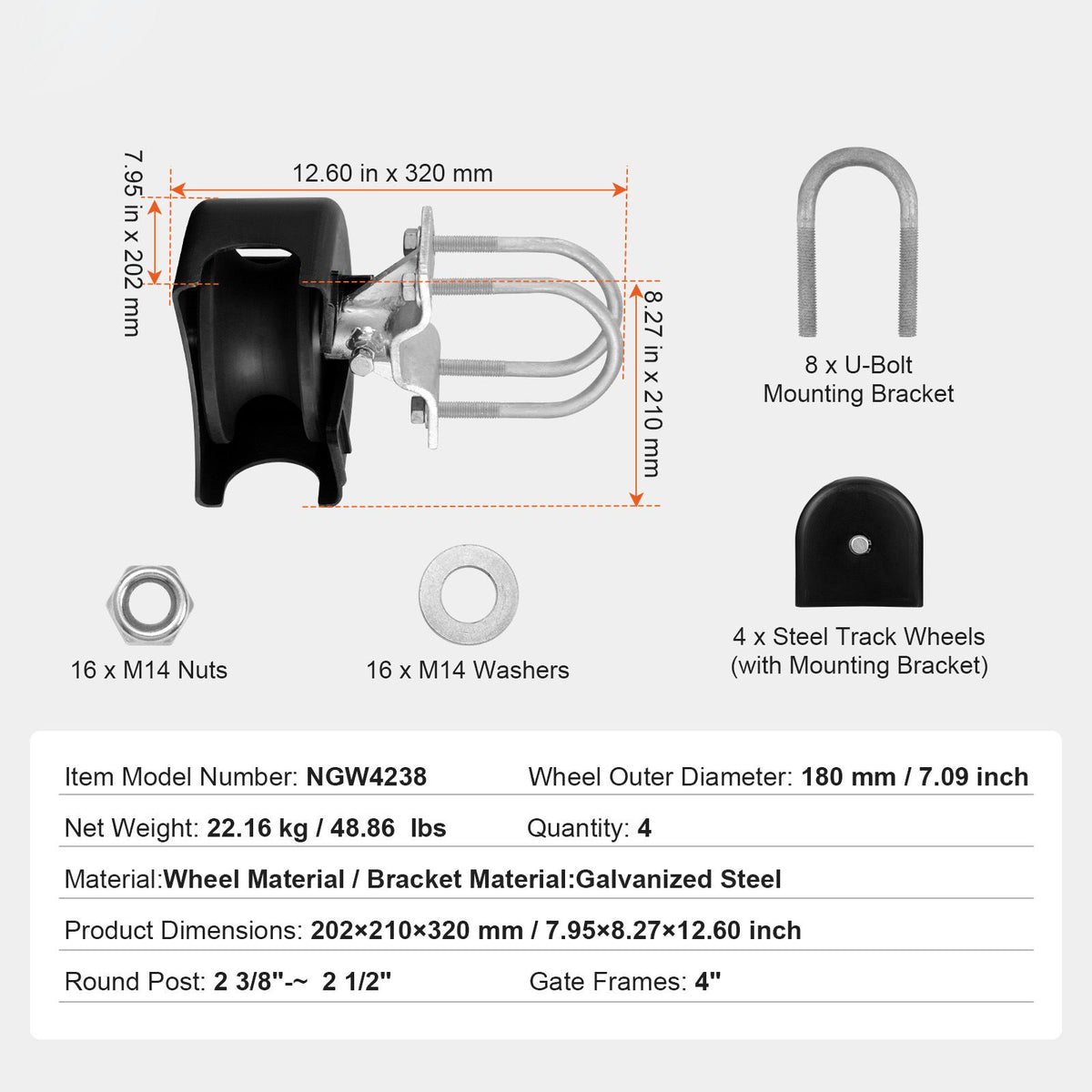 Sliding Gate Kit, Rolling Gate Hardware Kit w/ U-Shaped Wheel Groove for Cantilever Sliding Gates and Rolling Door, Sliding Gate Rollers 4 Track Wheels w/ Cover, Heavy Duty Sliding Roller,Black