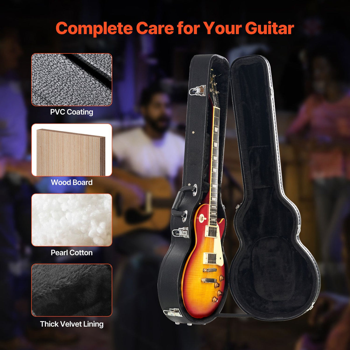 Electric Guitar Hard Case, 1050 mm Gourd-Shaped Guitar Hard Case, With Lock Latch Key Handle, PVC Padding Soft Lining Water-Resistant Hard Shell Guitar Cases, for 990 mm LES Paul Guitars, Black