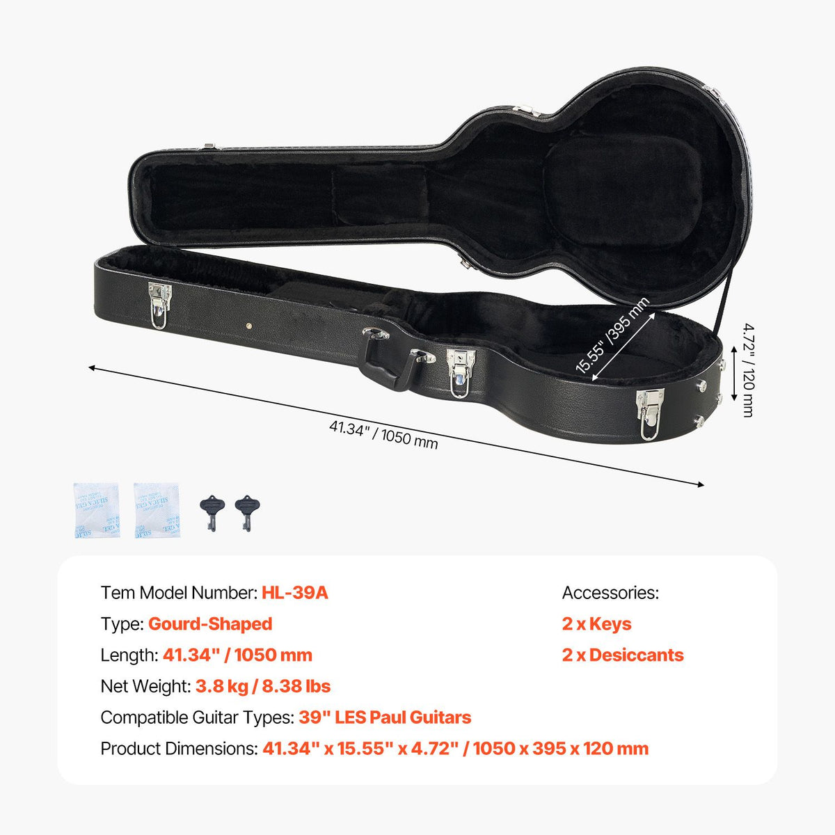 Electric Guitar Hard Case, 1050 mm Gourd-Shaped Guitar Hard Case, With Lock Latch Key Handle, PVC Padding Soft Lining Water-Resistant Hard Shell Guitar Cases, for 990 mm LES Paul Guitars, Black