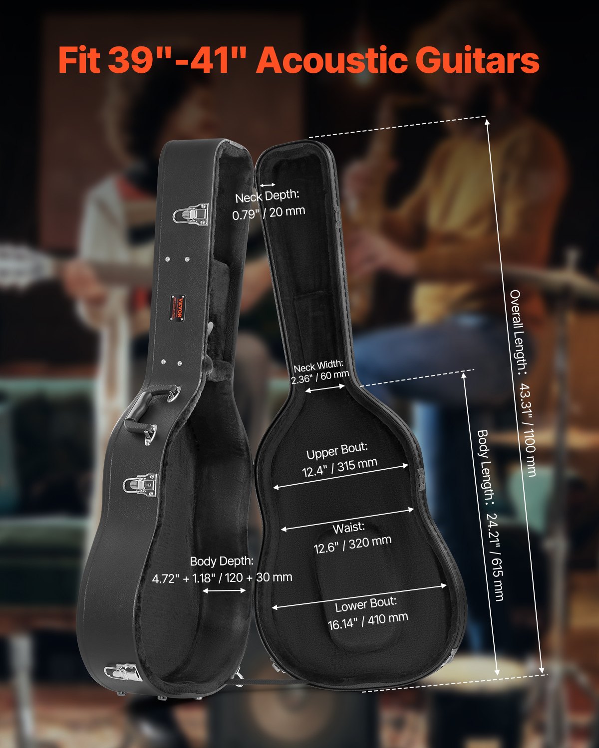 Guitars: VEVOR Acoustic Guitar Hard Case 1100 mm With Lock Key And for Acoustic Guitar