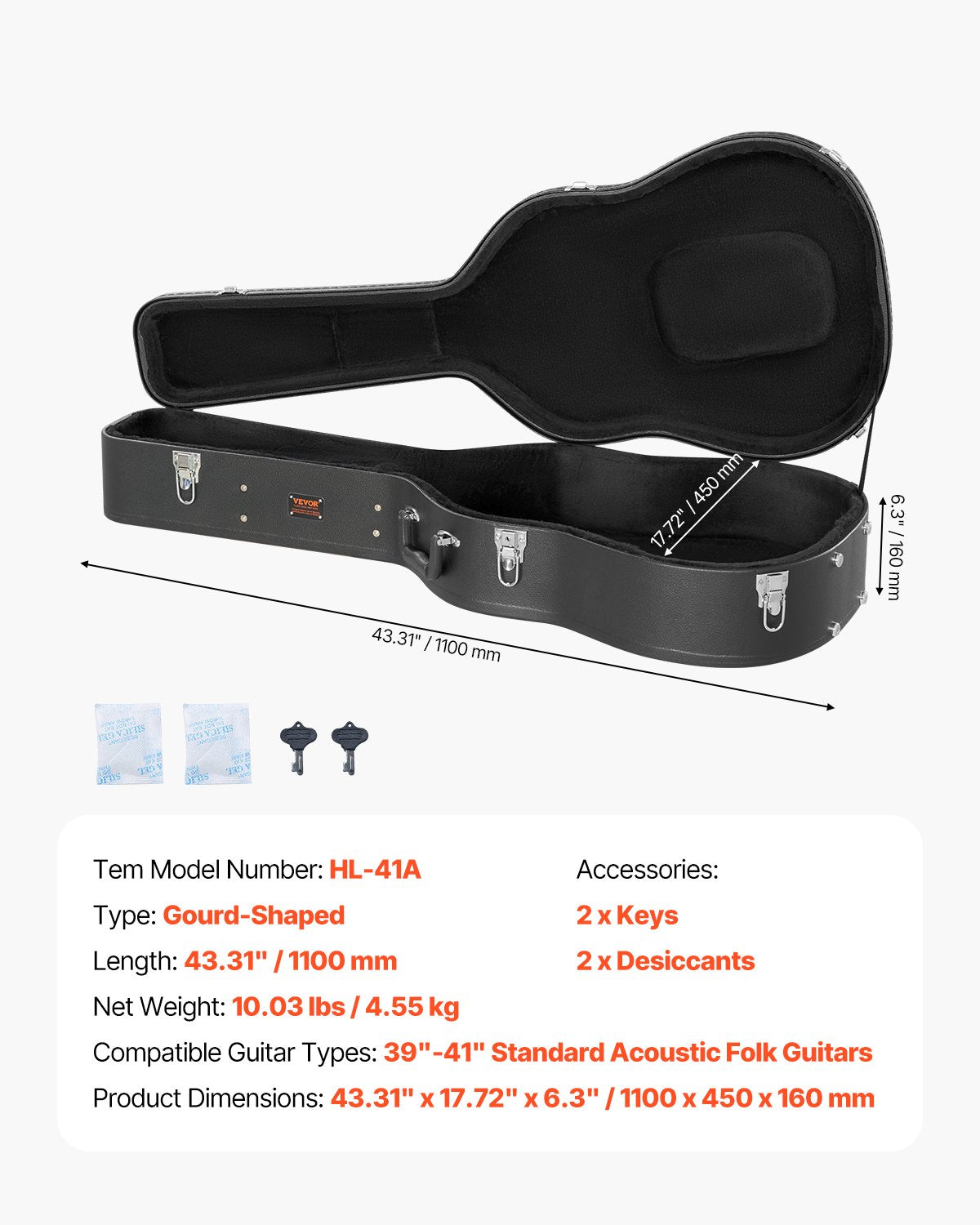 Guitars: VEVOR Acoustic Guitar Hard Case 1100 mm With Lock Key And for Acoustic Guitar