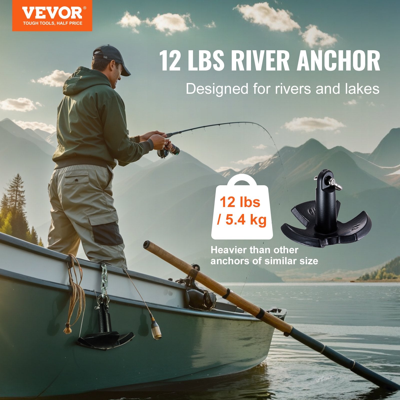 Boating Accessories: VEVOR River Anchor, 12 LBS Boat Anchor Cast Iron Black Vinyl-Coated with Shackle, Marine Grade Mushroom Anchor for Boats Up To 10 ft, Impressive Holding Power in River and Mud Bottom Lakes