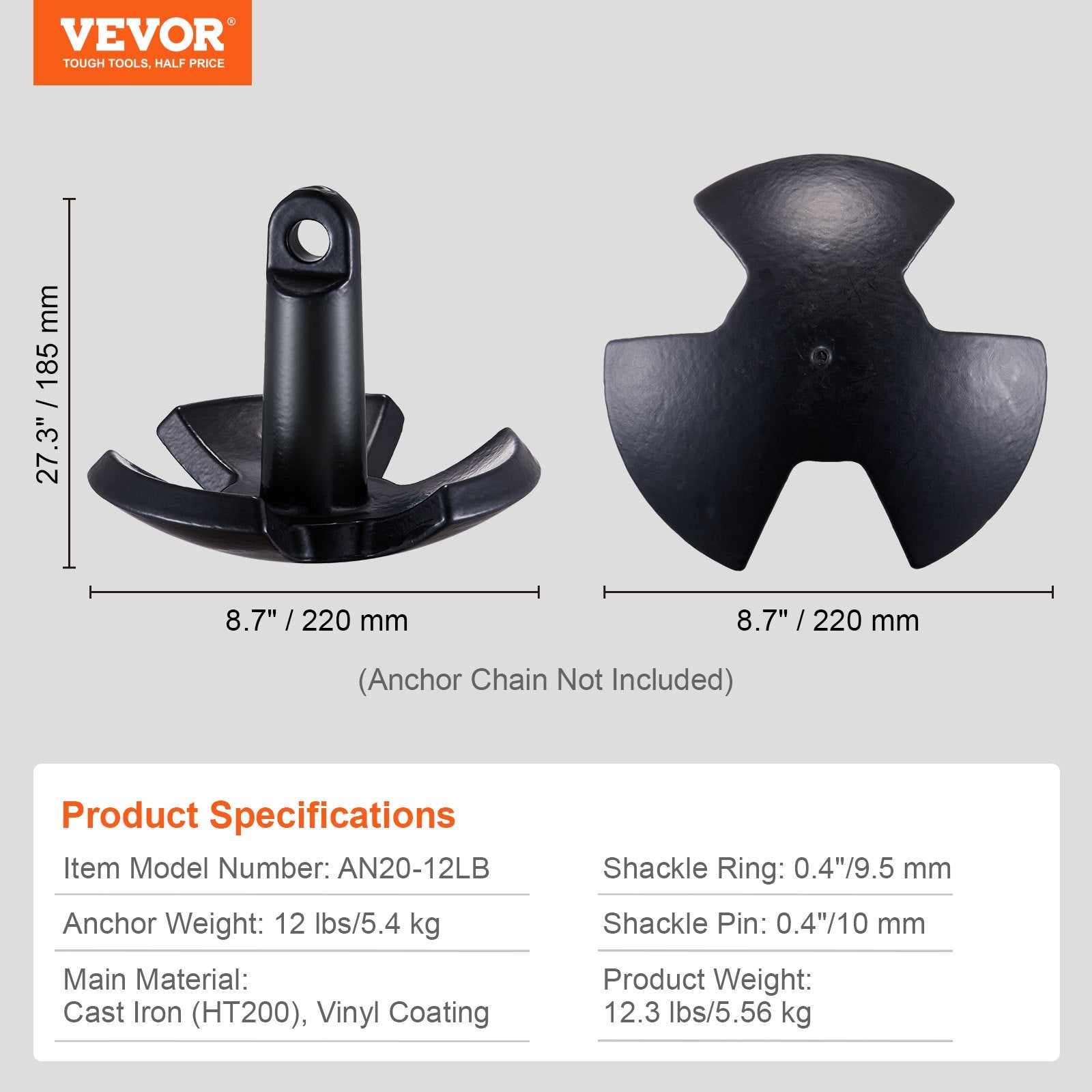 Boating Accessories: VEVOR River Anchor, 12 LBS Boat Anchor Cast Iron Black Vinyl-Coated with Shackle, Marine Grade Mushroom Anchor for Boats Up To 10 ft, Impressive Holding Power in River and Mud Bottom Lakes