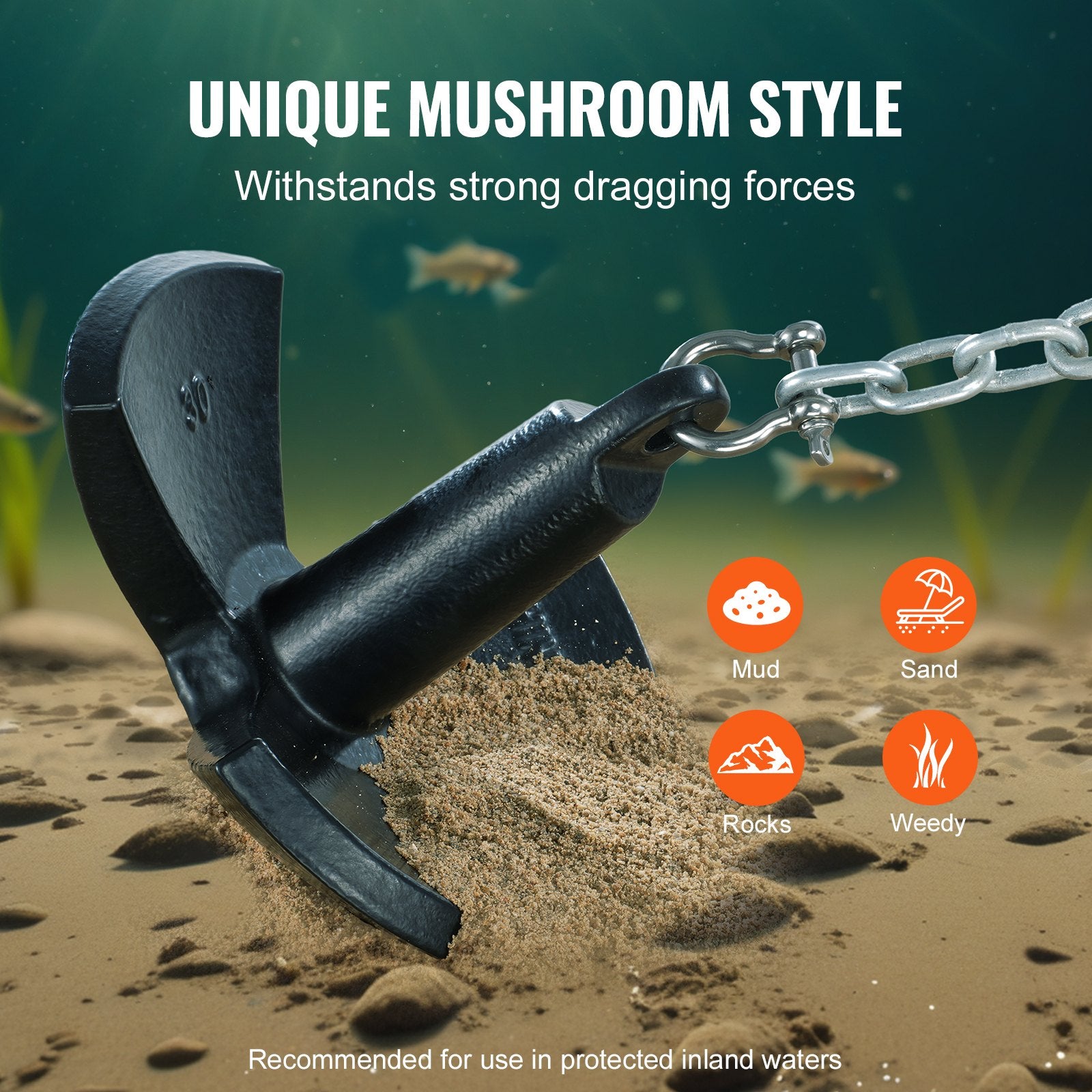 Artificial Hanging Plants: VEVOR River Anchor 30LB Boat Anchor Cast Iron Black Vinyl-Coated Mushroom Anchor