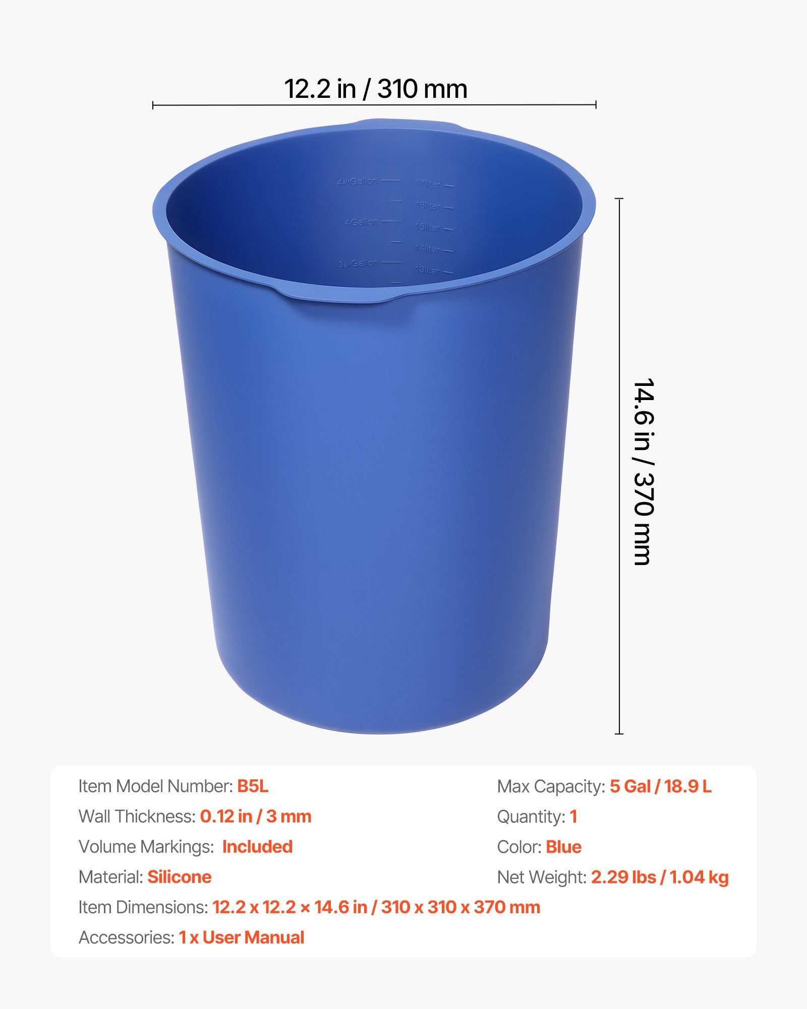 Masonry Tools: VEVOR 18.9L Bucket Liner for Concrete Mix, Reusable Silicone Mortar Bucket Liner for Thinset Paint Concrete Epoxy Mixing, Heavy-duty Grout Mixer Insert Tool with Graduated Measurements, Blue