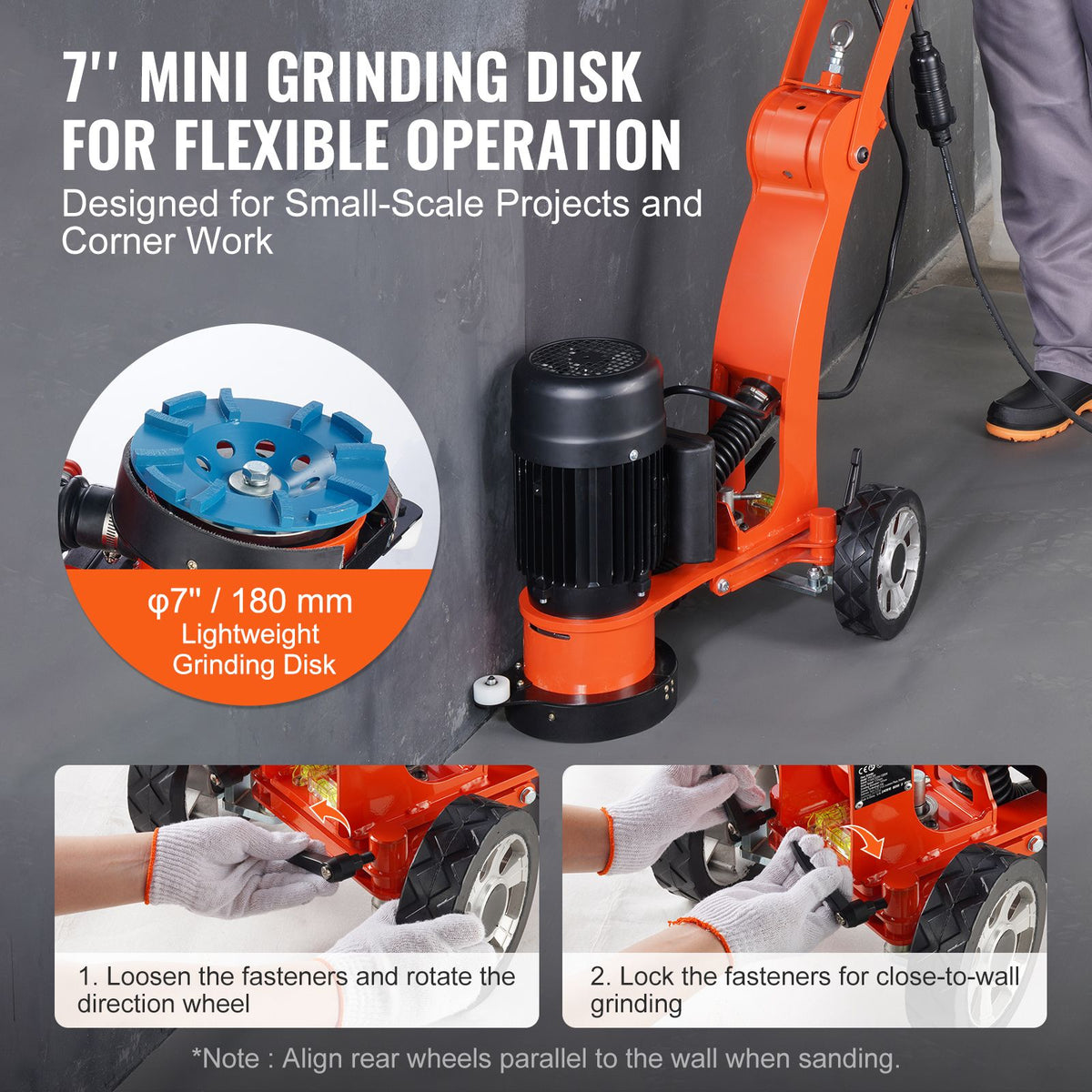 Electric Concrete Floor Grinder 7" Walk-Behind Grinder 2.0HP Concrete Floor Polisher, 1500W Grinding Machine, 1400RPM Upgrade Brushless Motor Surfacing Grinder for Granite/Marble/Stones
