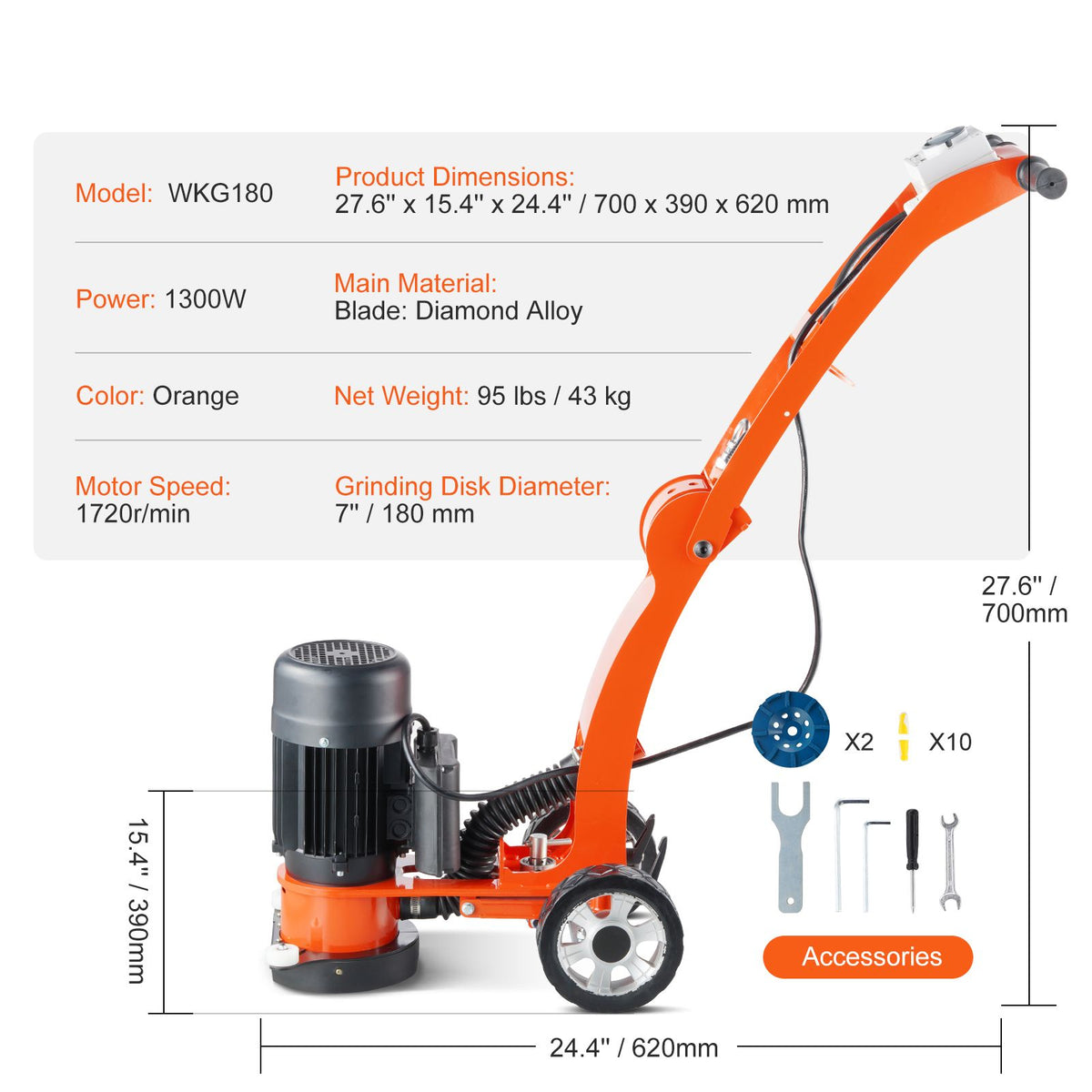Electric Concrete Floor Grinder 7" Walk-Behind Grinder 2.0HP Concrete Floor Polisher, 1500W Grinding Machine, 1400RPM Upgrade Brushless Motor Surfacing Grinder for Granite/Marble/Stones