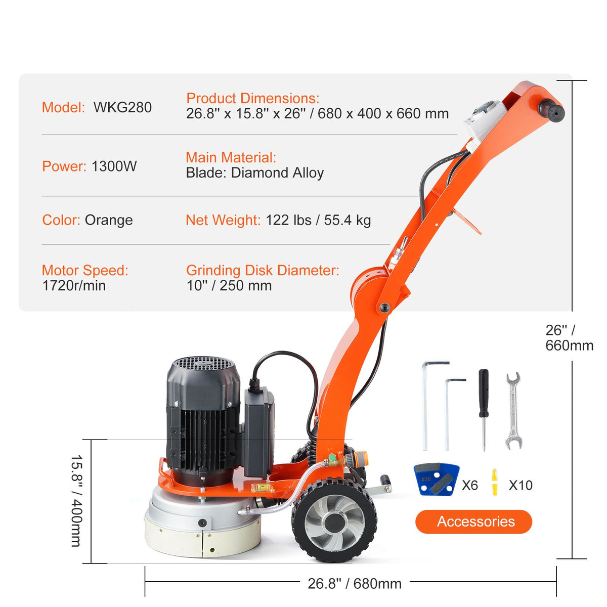 Electric Concrete Floor Grinder 10" Walk-Behind Grinder 3.0HP Concrete Floor Polisher, 2200W Grinding Machine, 1430RPM Upgrade Brushless Motor Surfacing Grinder for Granite/Marble/Stones