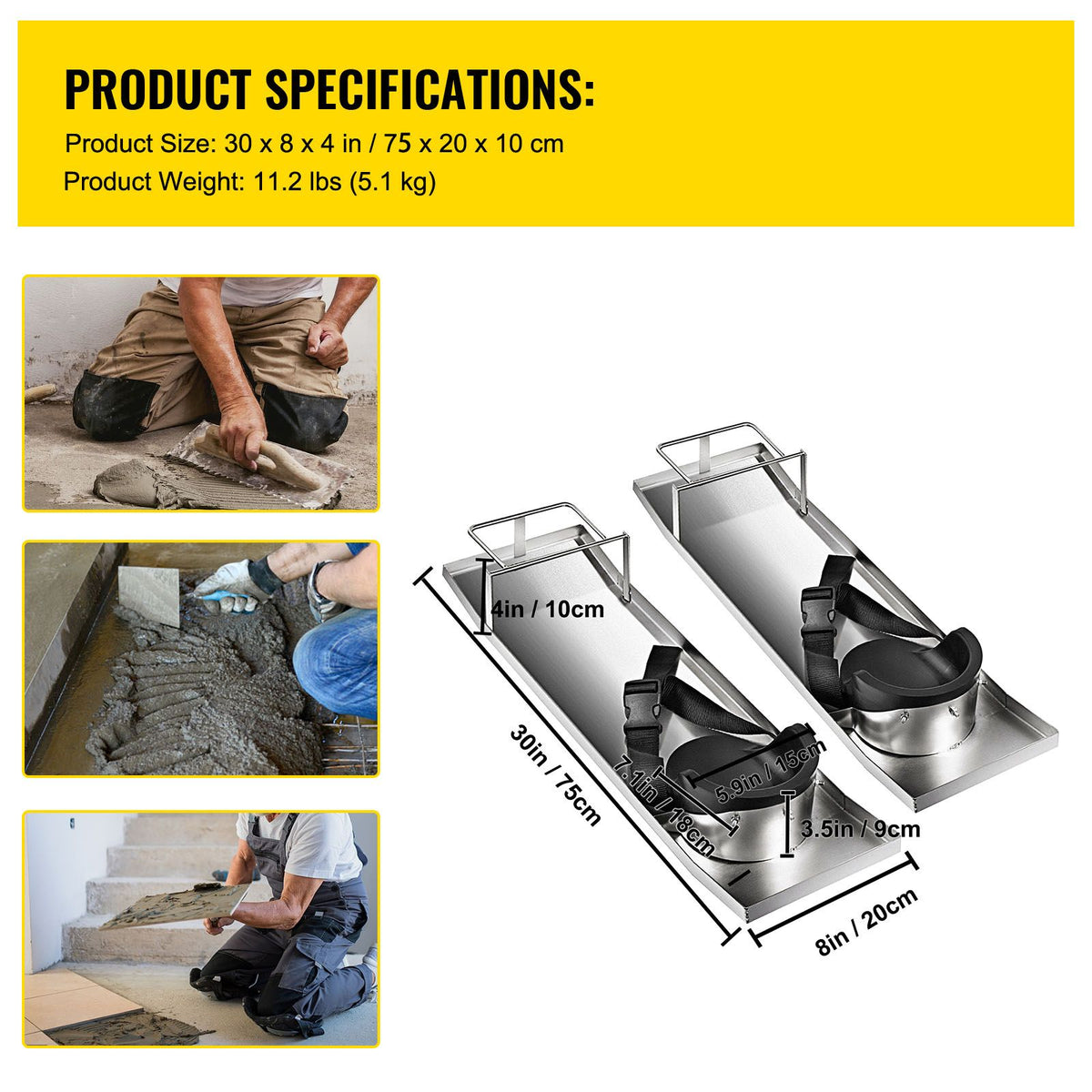 Concrete Knee Boards Stainless Steel, 30'' x 8'' Concrete Sliders, Knee Boards For Concrete, Concrete Knee Pads Moving Sliders, with Knee Pads & Board Straps for Cement and Concrete Finishing