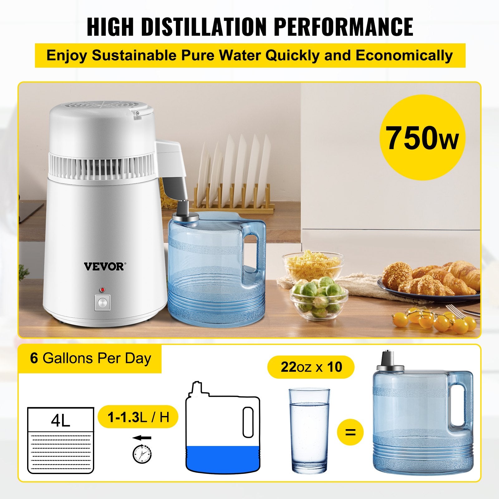 Distilling & Brewing: VEVOR Water Distiller Purifier Pure Water Distiller Filters Water Distillation 4L Internal Stainless Steel with Collection Bottle
