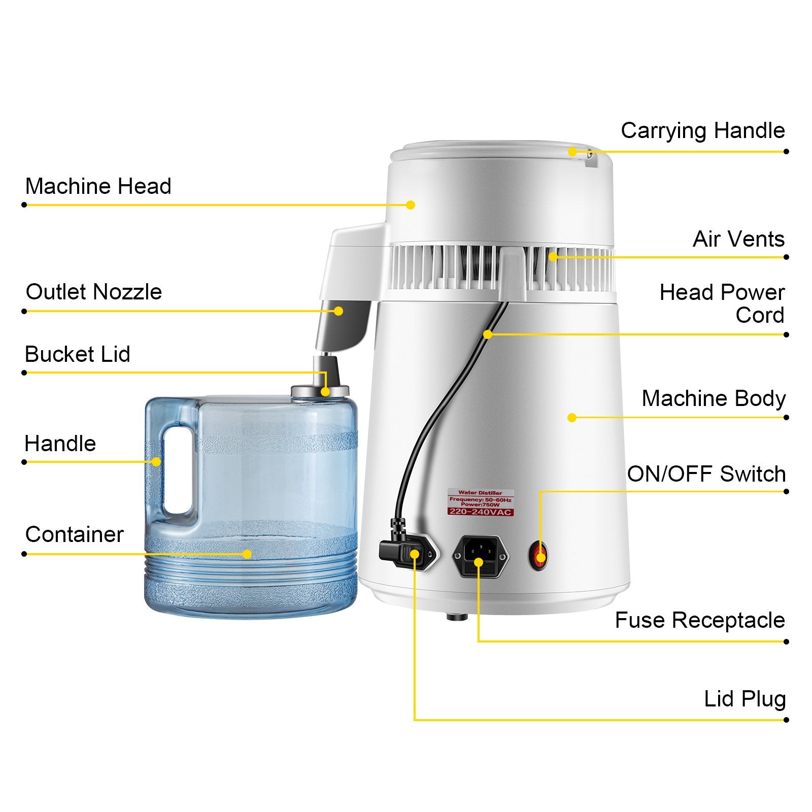 Distilling & Brewing: VEVOR Water Distiller Purifier Pure Water Distiller Filters Water Distillation 4L Internal Stainless Steel with Collection Bottle