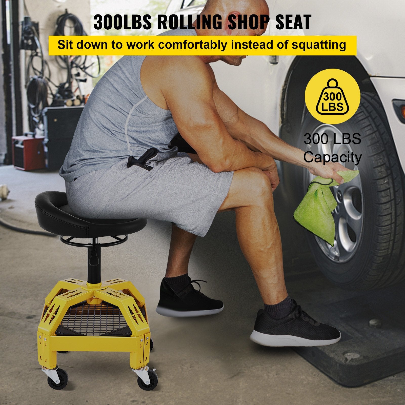 Rolling Garage Stool, 300LBS Capacity, Adjustable Height from 24 in to 28.7 in, Mechanic Seat with 360-degree Swivel Wheels and Tool Tray, for Workshop, Auto Repair Shop, Yellow
