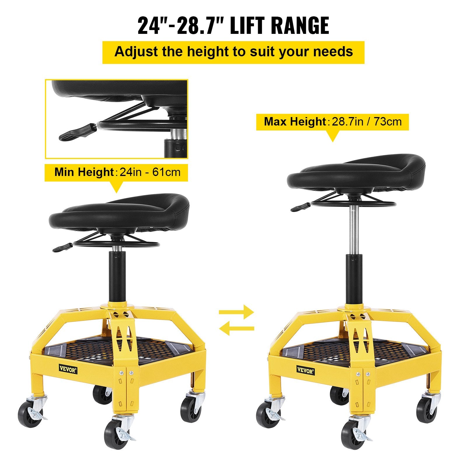 Rolling Garage Stool, 300LBS Capacity, Adjustable Height from 24 in to 28.7 in, Mechanic Seat with 360-degree Swivel Wheels and Tool Tray, for Workshop, Auto Repair Shop, Yellow