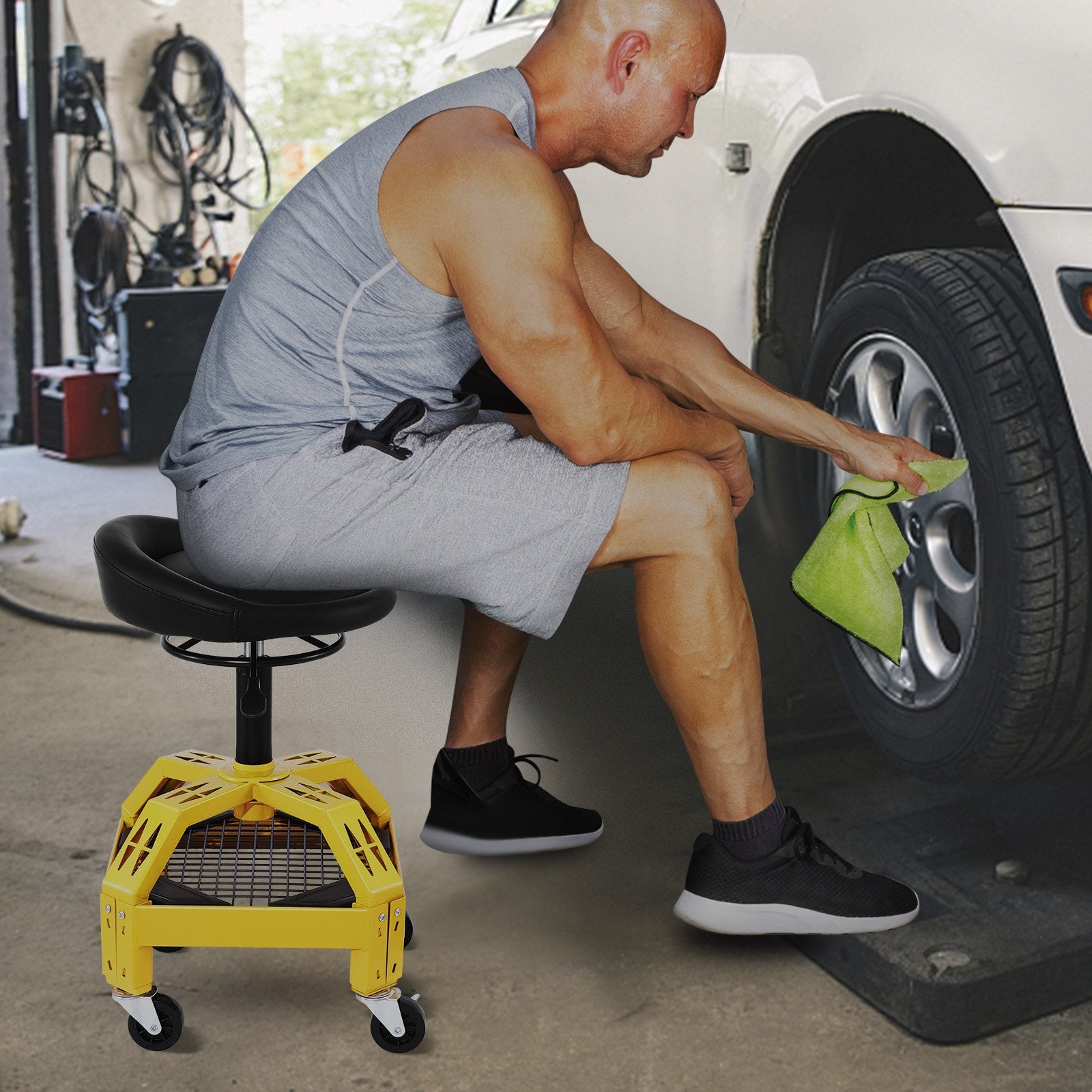 Rolling Garage Stool, 300LBS Capacity, Adjustable Height from 24 in to 28.7 in, Mechanic Seat with 360-degree Swivel Wheels and Tool Tray, for Workshop, Auto Repair Shop, Yellow