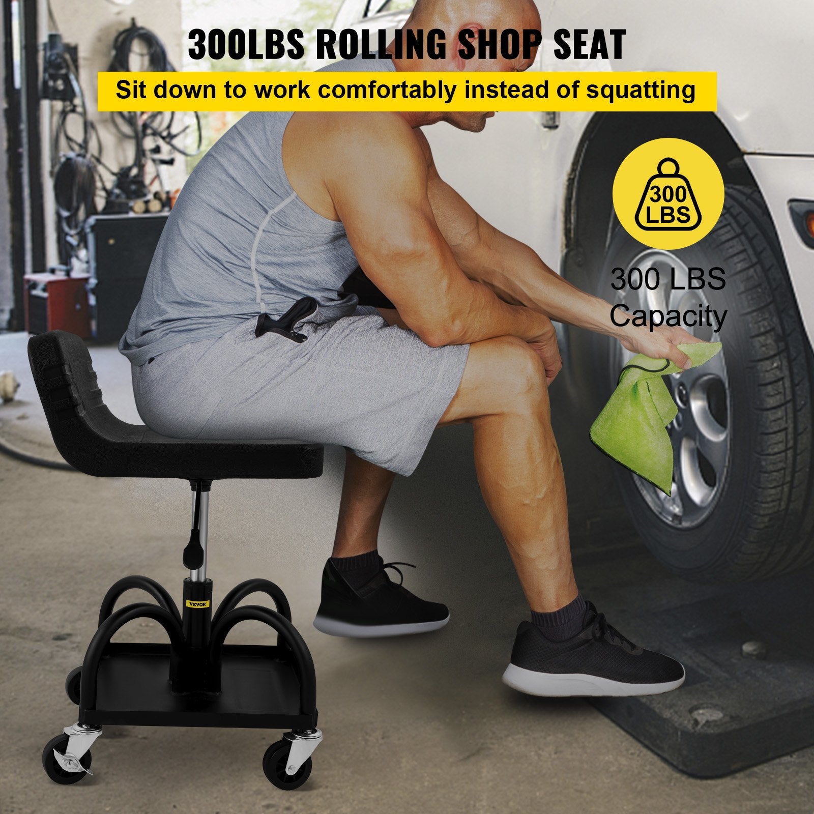 Gymnastics: VEVOR Rolling Garage Stool 300LBS Adjustable Mechanic Work Shop Seat w/Casters