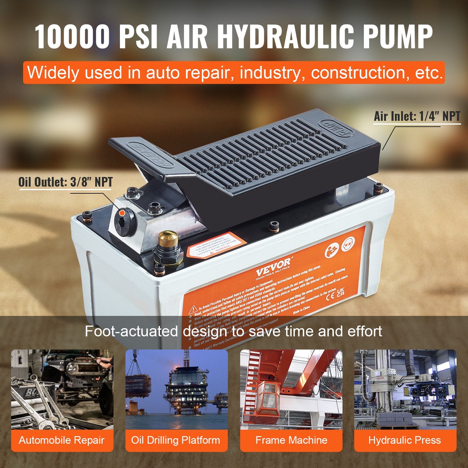 Fuel & Exhaust: VEVOR Air Hydraulic Pump, 10,000 PSI 1/2 Gal Reservoir, NPT 3/8" Oil Outlet, NPT 1/4" Inlet, 6.6 ft Pipe, Foot Actuated Hydraulic Pump Air Treadle for Auto Body Frame Machines and Pulling Post, Gray