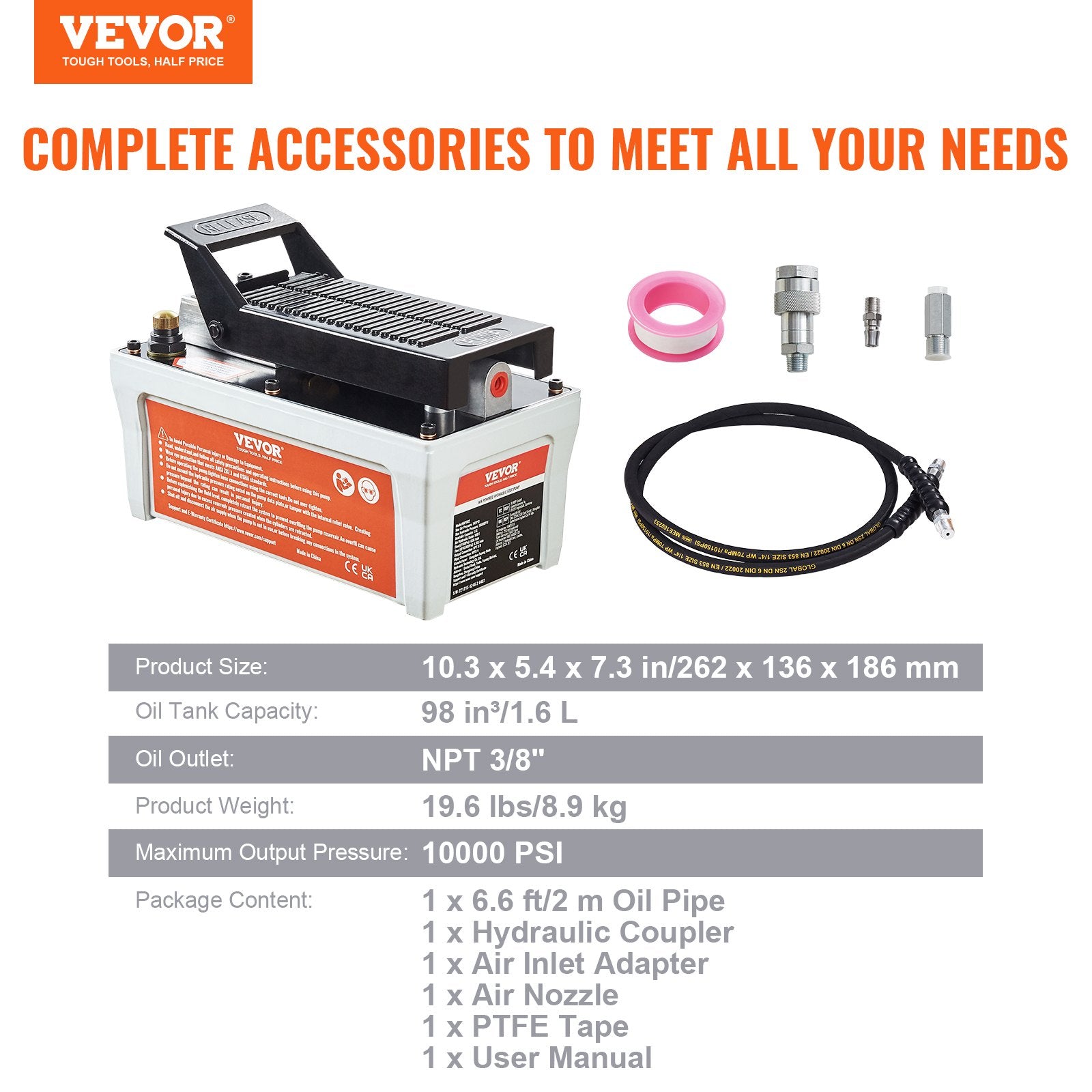 Fuel & Exhaust: VEVOR Air Hydraulic Pump, 10,000 PSI 1/2 Gal Reservoir, NPT 3/8" Oil Outlet, NPT 1/4" Inlet, 6.6 ft Pipe, Foot Actuated Hydraulic Pump Air Treadle for Auto Body Frame Machines and Pulling Post, Gray