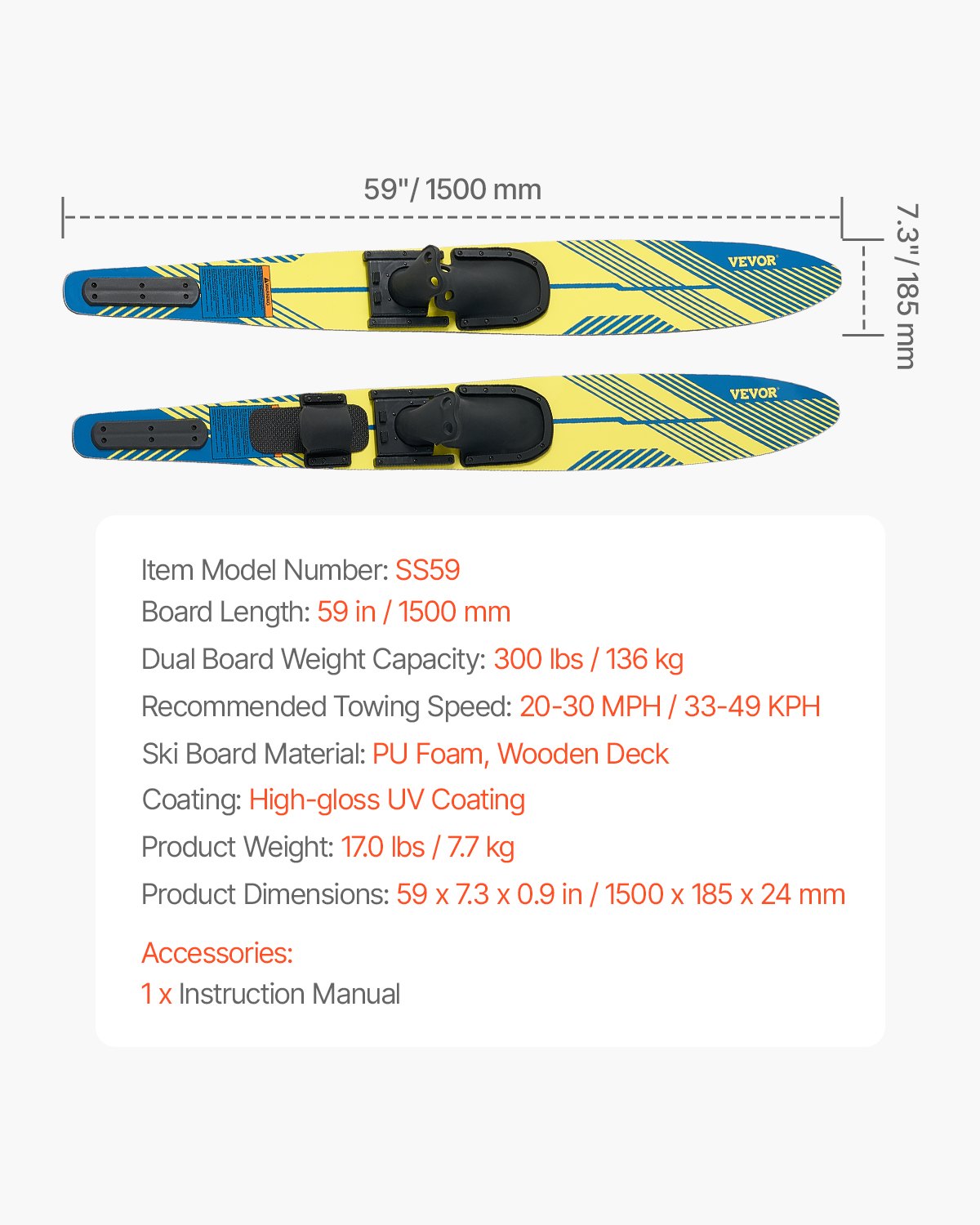 Pool Toys & Inflatables: VEVOR 150 cm Water Skis Combo Adults Water Skis with X-7 Adjustable Bindings