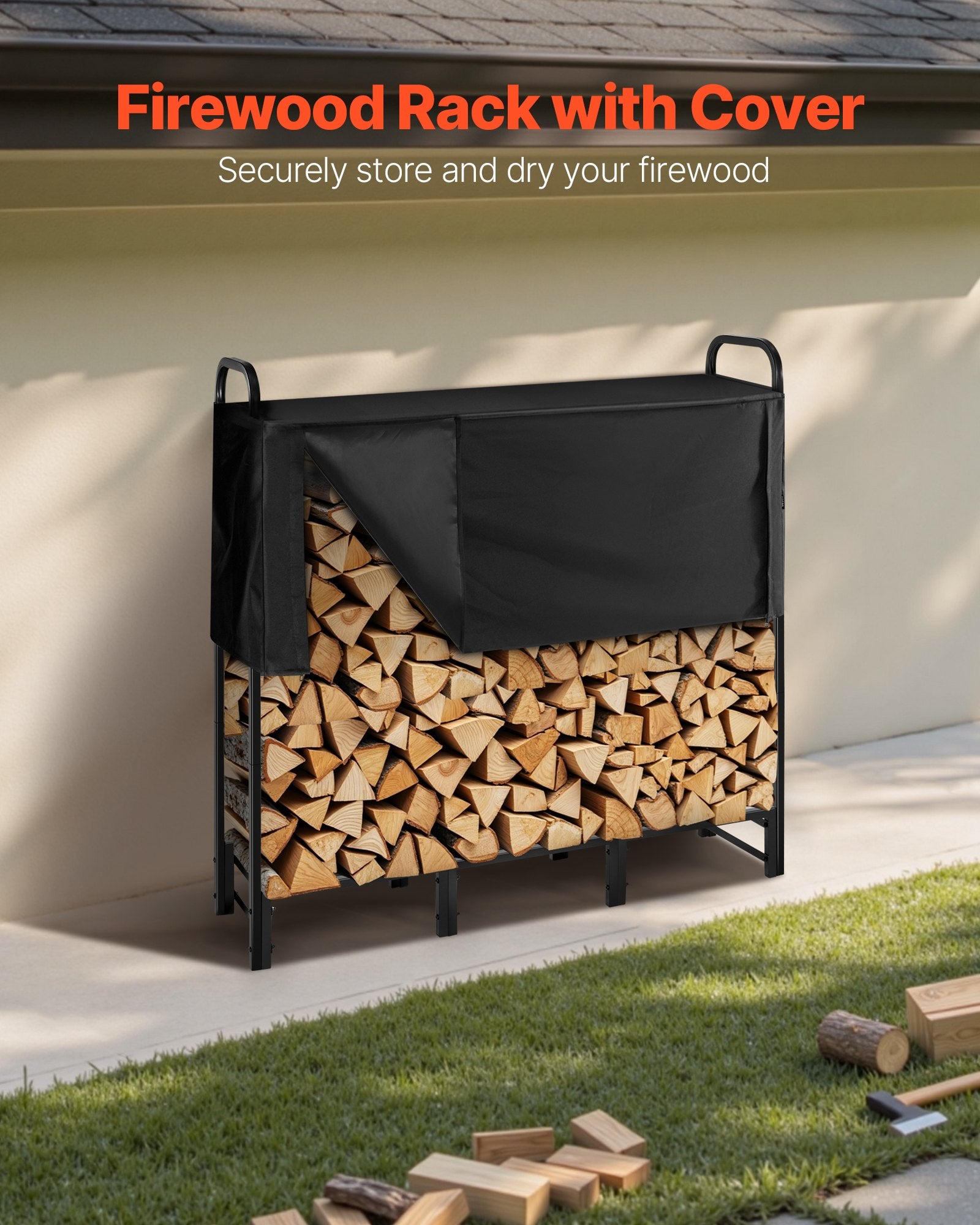 Coat Racks: VEVOR Firewood Rack with Waterproof Cover, 1.22m Outdoor Firewood Holder, 1/4 Cord Storage Metal Log Holder, 400lb Max Weight Capacity, Top Covered, Powder-Coated Wood Storage Rack for Fireplace Deck