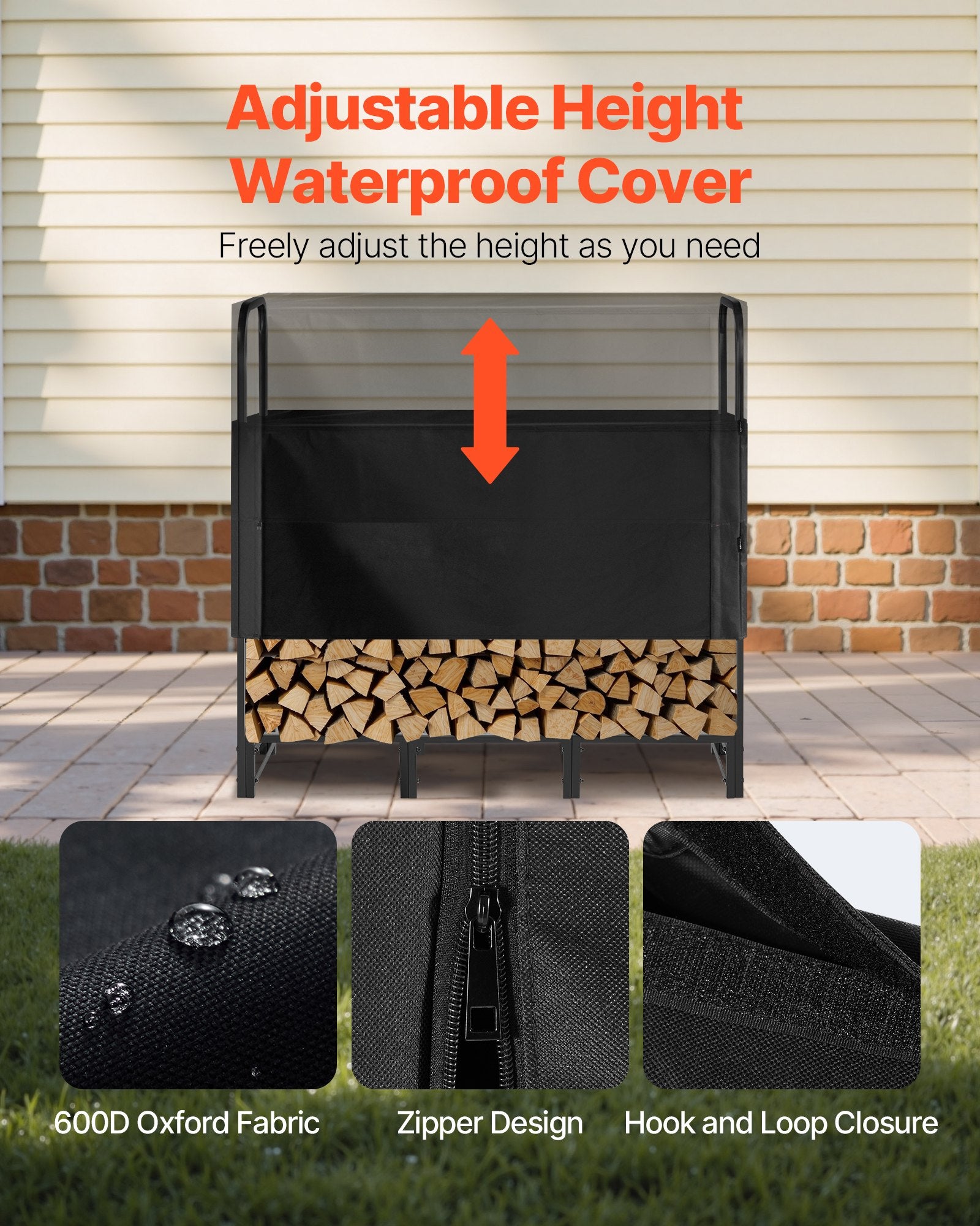 Coat Racks: VEVOR Firewood Rack with Waterproof Cover, 1.22m Outdoor Firewood Holder, 1/4 Cord Storage Metal Log Holder, 400lb Max Weight Capacity, Top Covered, Powder-Coated Wood Storage Rack for Fireplace Deck