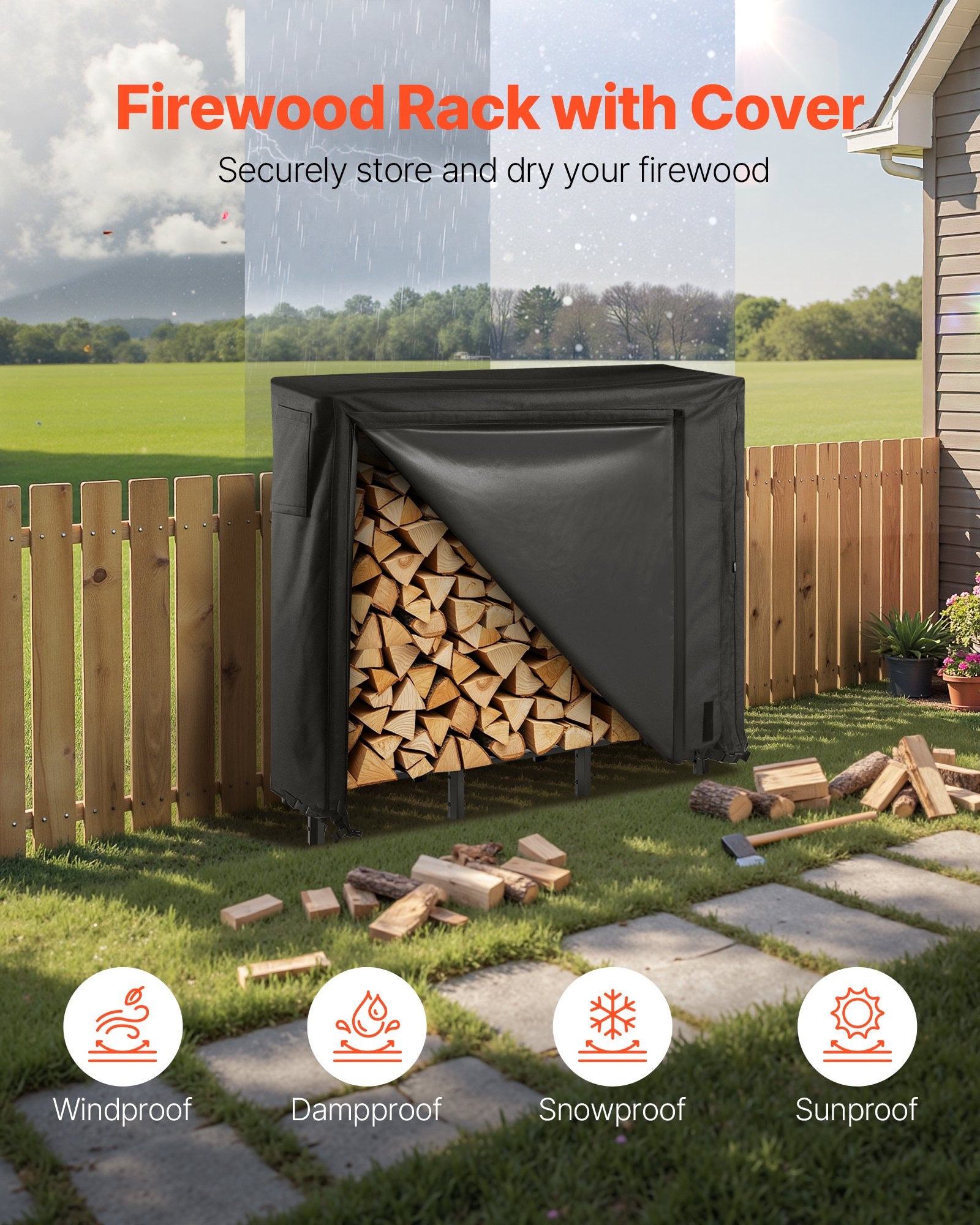 Towel Racks & Holders: VEVOR Firewood Rack with Waterproof Cover, 1.22m Outdoor Firewood Holder, 1/4 Cord Storage Metal Log Holder, 400lb Max Weight Capacity, Full Covered, Powder-Coated Wood Storage Rack for Fireplace Deck