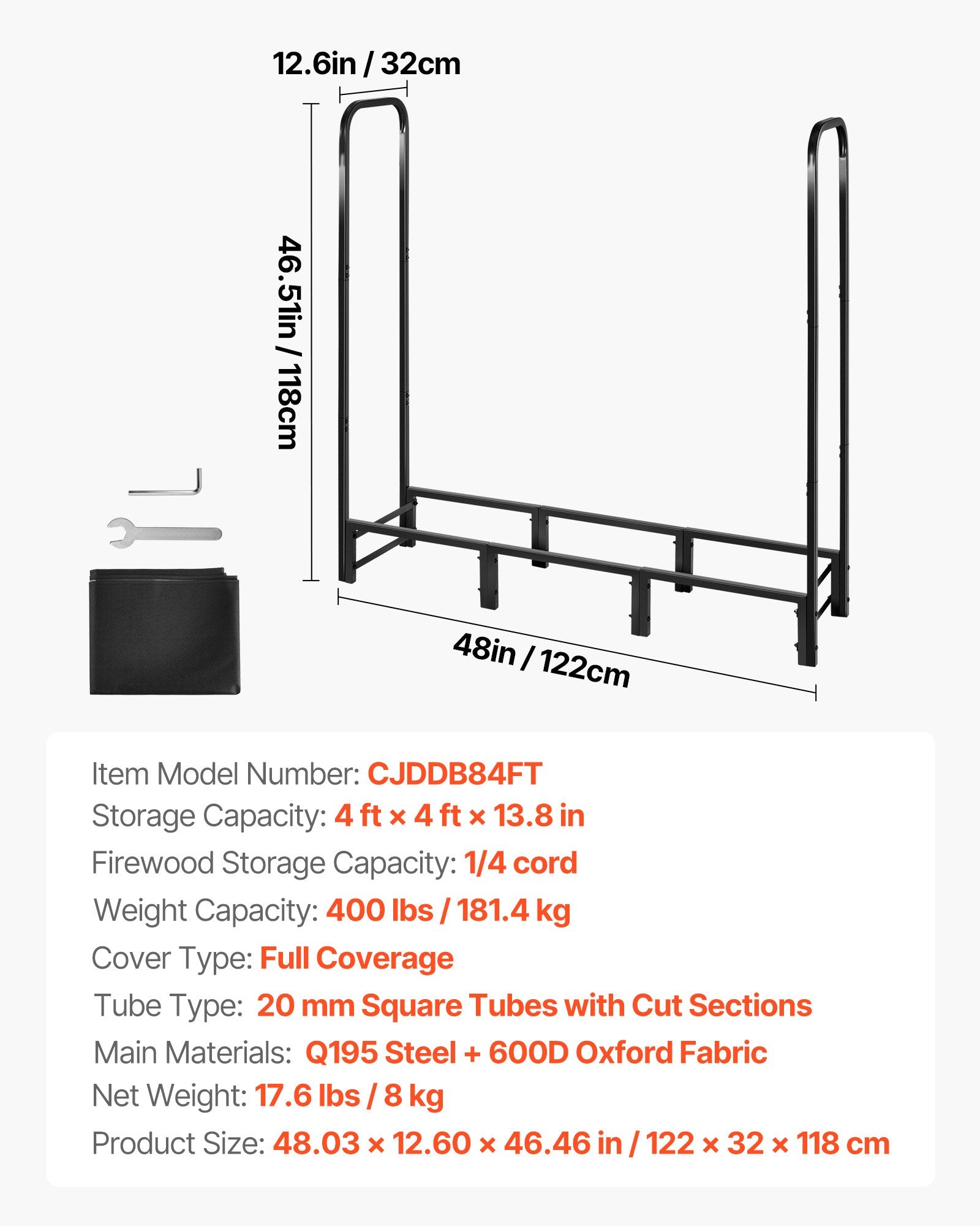 Towel Racks & Holders: VEVOR Firewood Rack with Waterproof Cover, 1.22m Outdoor Firewood Holder, 1/4 Cord Storage Metal Log Holder, 400lb Max Weight Capacity, Full Covered, Powder-Coated Wood Storage Rack for Fireplace Deck