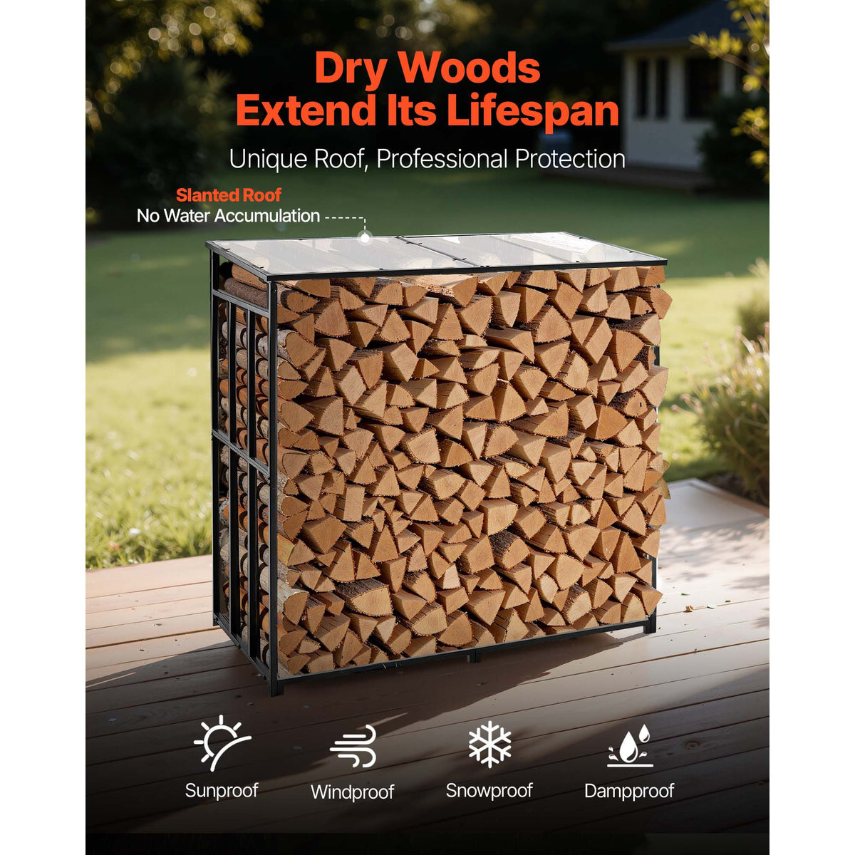 Firewood Rack with Sloped Roof, 143cm Outdoor Firewood Holder, 1/4 Cord Log Storage Shed, 299kg Max Weight Capacity, Powder-Coated Metal Wood Storage Rack for Fireplace Deck Backyard Garden