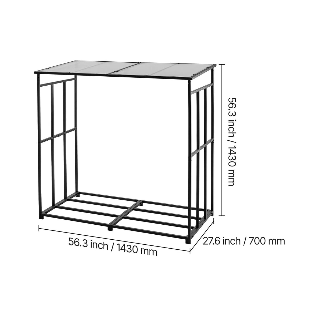 Firewood Rack with Sloped Roof, 143cm Outdoor Firewood Holder, 1/4 Cord Log Storage Shed, 299kg Max Weight Capacity, Powder-Coated Metal Wood Storage Rack for Fireplace Deck Backyard Garden