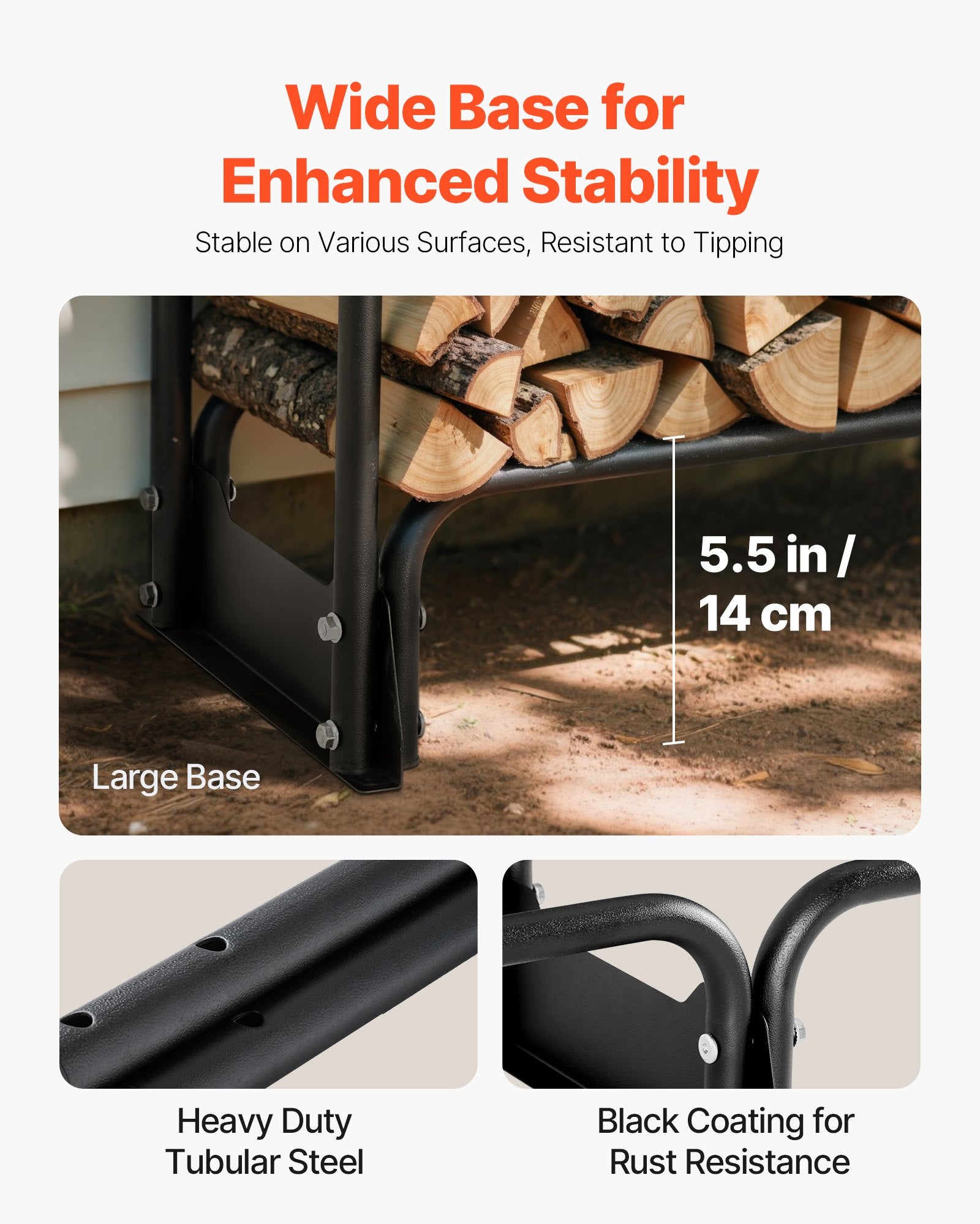 Firewood Rack with Waterproof Cover, 2.57m Outdoor Firewood Holder, 1/2 Cord Storage Metal Log Holder, 299kg Max Weight Capacity, Top Covered, Powder-Coated Wood Storage Rack for Fireplace Deck