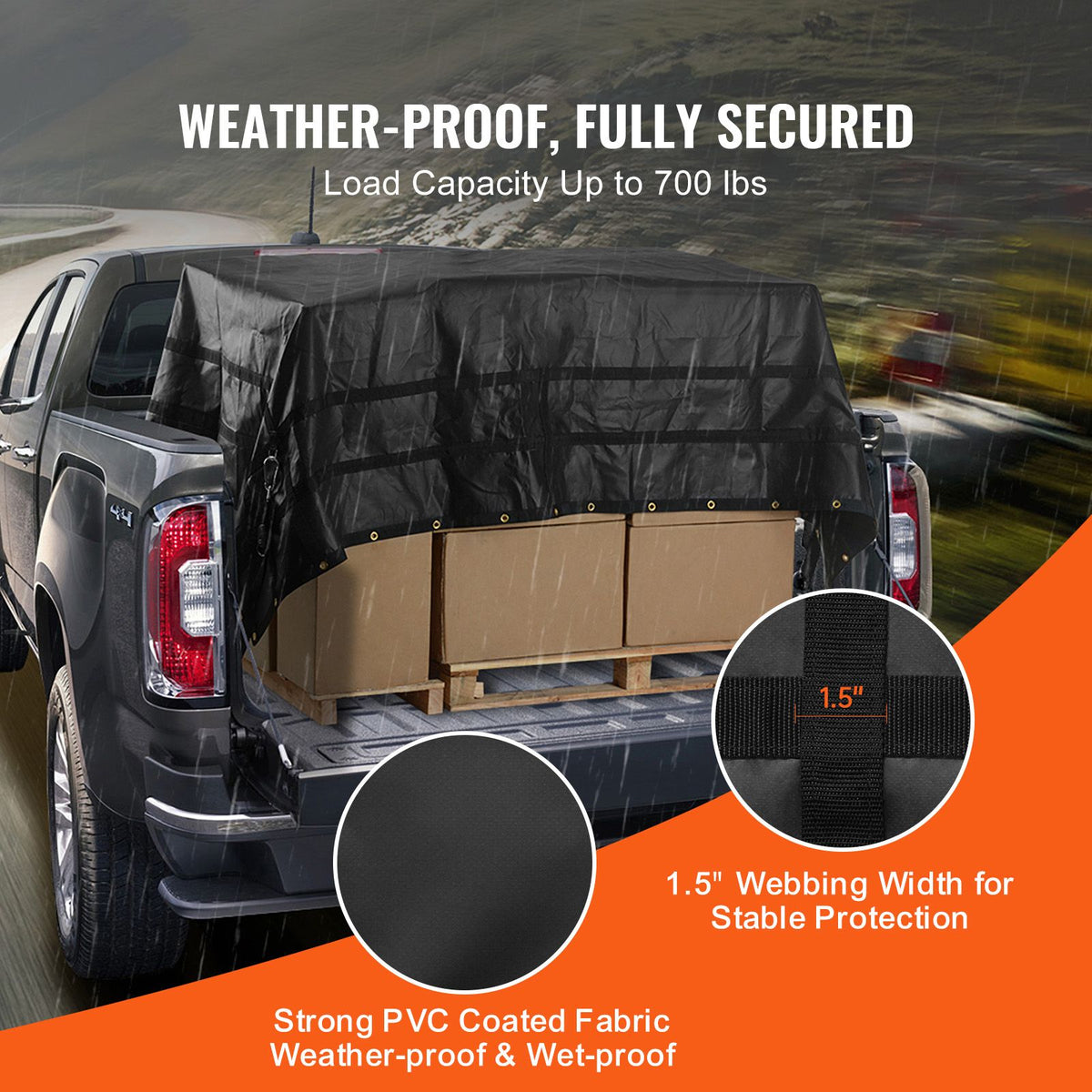 Cargo Net, 3050 x 2670 mm, Heavy Duty Truck Cargo Net for Truck Bed, 4 Adjustable Straps with Carabiners and Rubber Coated Hooks, Durable, Suitable for Pickup, Jeep, Truck, SUV, Boat (Black)