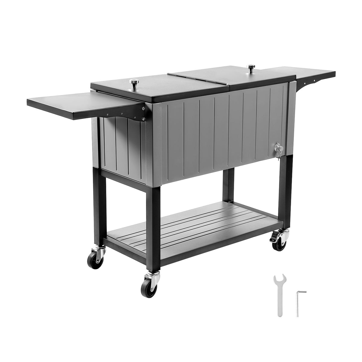75.7L Rolling Ice Chest, Hold up to 50 Bottles / 110 Cans, Portable Patio Party Bar Drink Cooler Cart with Bottom Shelf & Foldable Side Shelves, Beverage Pool with Swivel Wheels & Bottle Opener