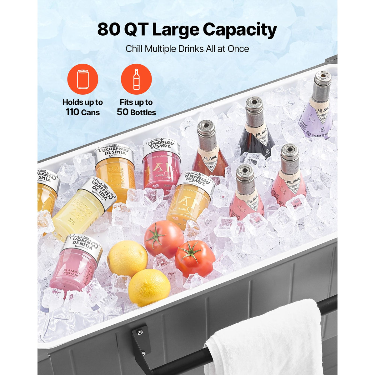 75.7L Rolling Ice Chest, Hold up to 50 Bottles / 110 Cans, Portable Patio Party Bar Drink Cooler Cart with Bottom Shelf & Foldable Side Shelves, Beverage Pool with Swivel Wheels & Bottle Opener