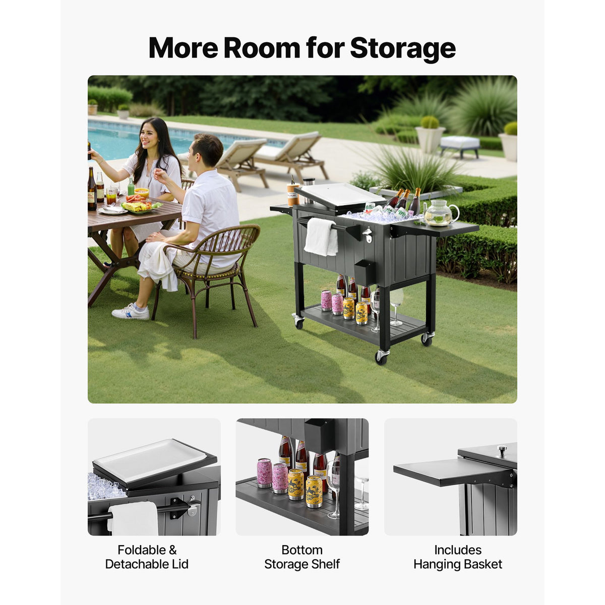 75.7L Rolling Ice Chest, Hold up to 50 Bottles / 110 Cans, Portable Patio Party Bar Drink Cooler Cart with Bottom Shelf & Foldable Side Shelves, Beverage Pool with Swivel Wheels & Bottle Opener