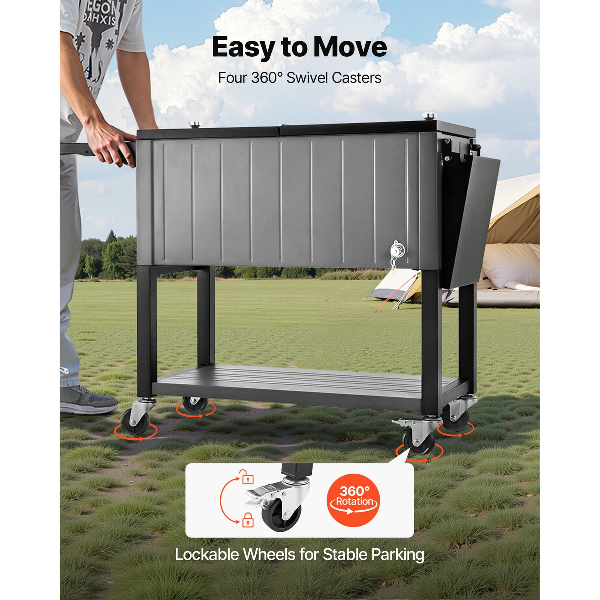 75.7L Rolling Ice Chest, Hold up to 50 Bottles / 110 Cans, Portable Patio Party Bar Drink Cooler Cart with Bottom Shelf & Foldable Side Shelves, Beverage Pool with Swivel Wheels & Bottle Opener