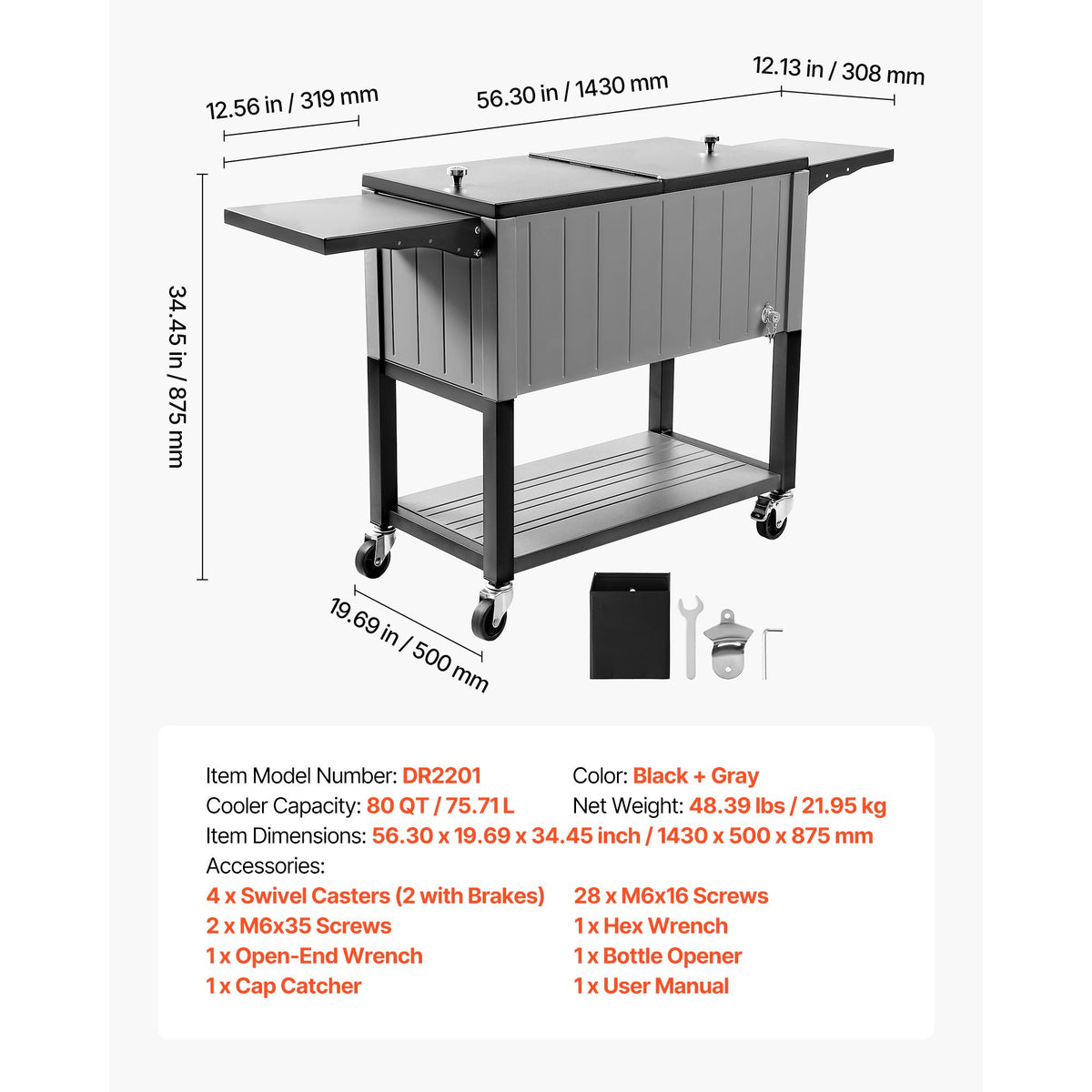 75.7L Rolling Ice Chest, Hold up to 50 Bottles / 110 Cans, Portable Patio Party Bar Drink Cooler Cart with Bottom Shelf & Foldable Side Shelves, Beverage Pool with Swivel Wheels & Bottle Opener