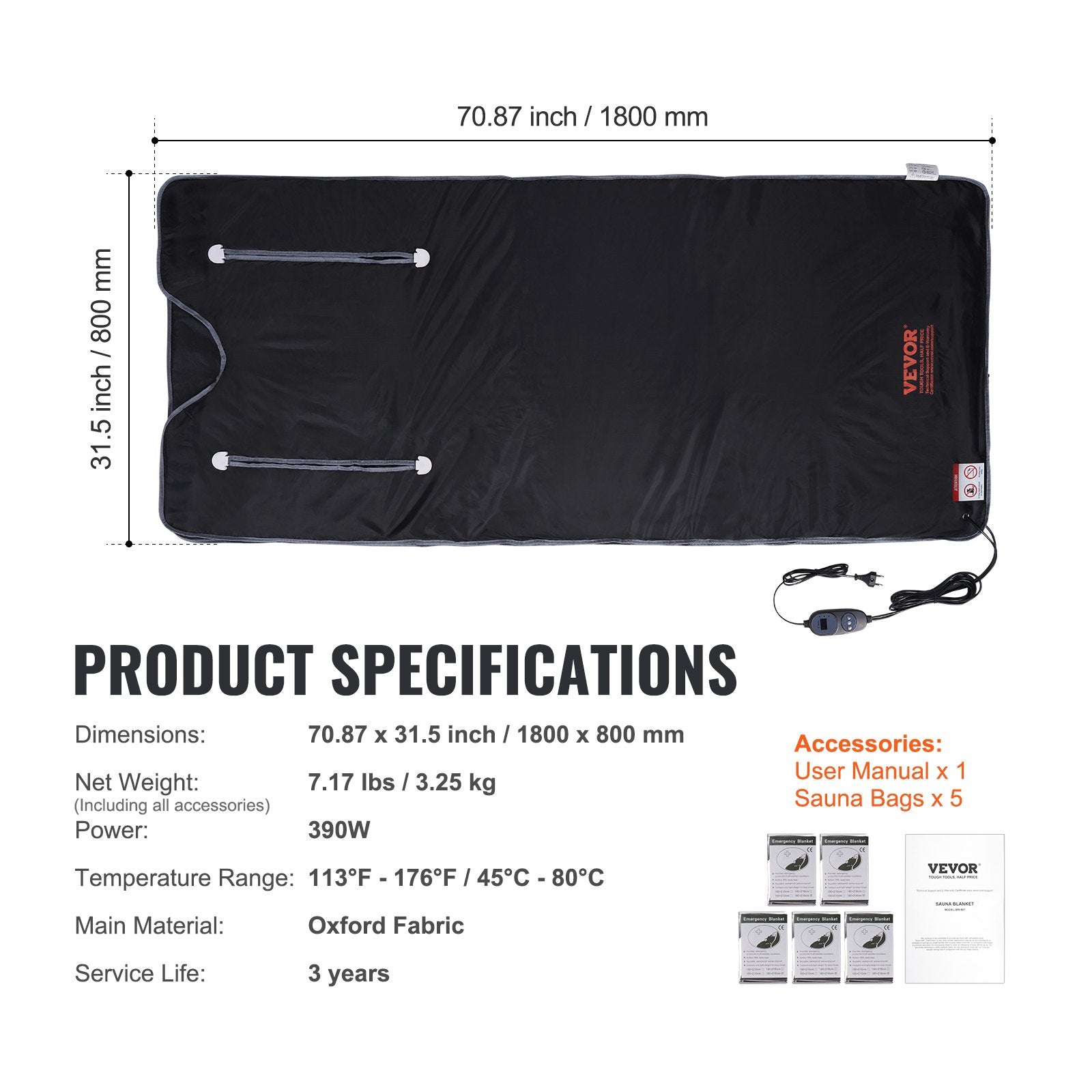 Sauna Blanket for Detoxification, Portable Far Infrared Sauna for Home, Oxford Sauna Bag w/ Arm Holes & Carbon Fiber Heating, 1-6 Level Adjustable Temp, 5-60 Minutes Timer, 1800x800mm