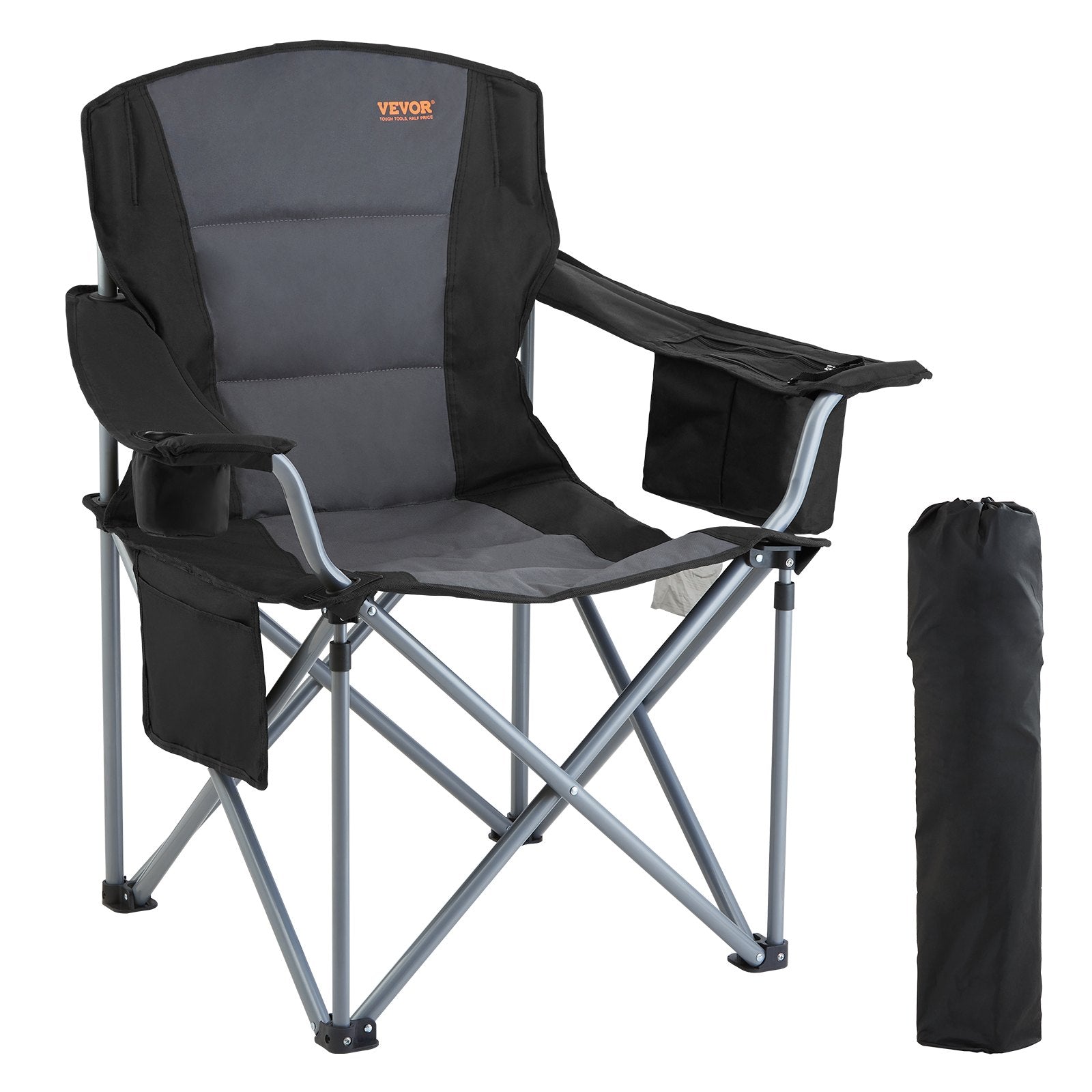 Camp Furniture: VEVOR Camping Folding Chair for Adults, Portable Heavy Duty Outdoor Quad Lumbar Back Padded Arm Chairs with Side Pockets, Cup Holder and Cooler Bag for Beach, Lawn, Picnic, Fishing, Backpacking, Black