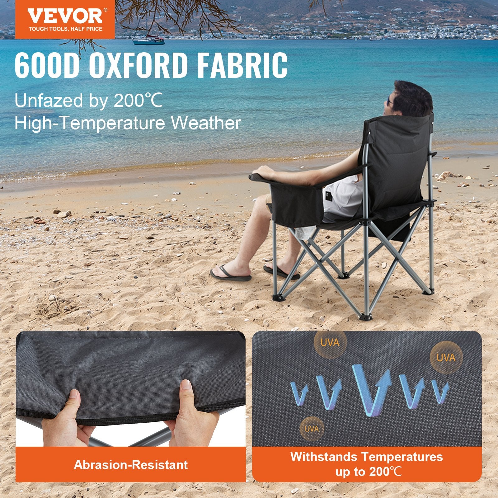 Camp Furniture: VEVOR Camping Folding Chair for Adults, Portable Heavy Duty Outdoor Quad Lumbar Back Padded Arm Chairs with Side Pockets, Cup Holder and Cooler Bag for Beach, Lawn, Picnic, Fishing, Backpacking, Black